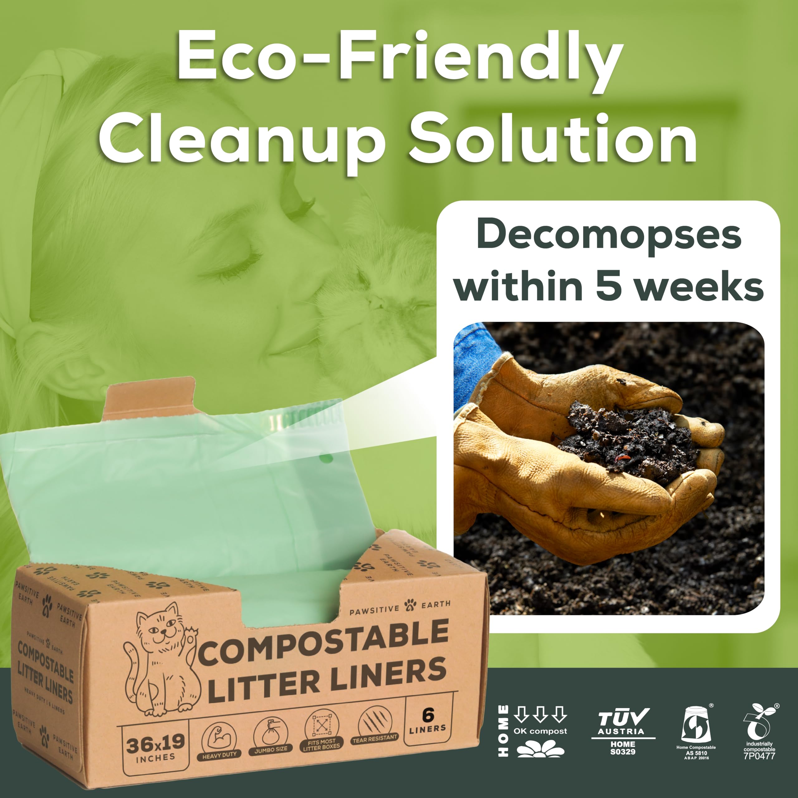 Cat Litter Box Liners 100% Compostable - Drawstring Close - 6 Count - Jumbo Size 36' X 19' - Tear & Leak Resistant - Ok Compos