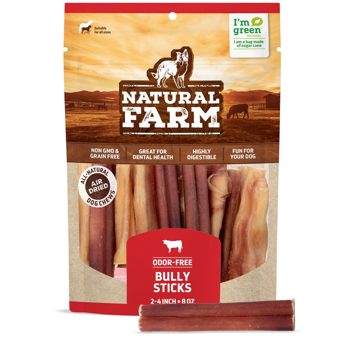 Natural Farm Odor-Free Bully Sticks (2-4”, 8Oz) All-Natural Long-Lasting Chews, 100% Beef Pizzle, Grass-Fed, Grain-Free, Hormone-Free, Protein For Muscle Development & Energy, Perfect For Small Dogs