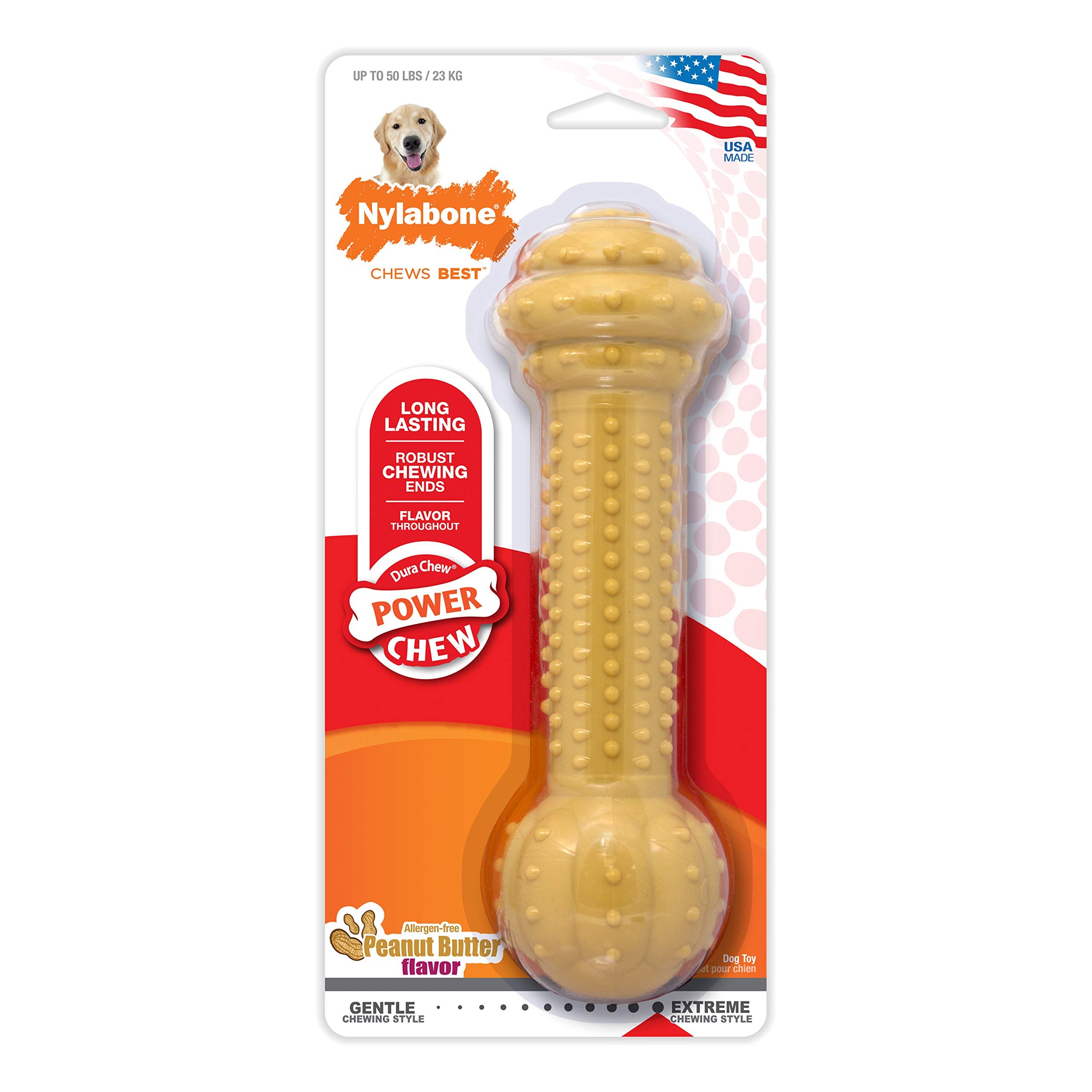 Nylabone Barbell Bone Power Chew Toy For Dogs, Dog Toys For Aggressive Chewers, Peanut Butter Flavor, Large - Up To 50 Lbs, 1 Count