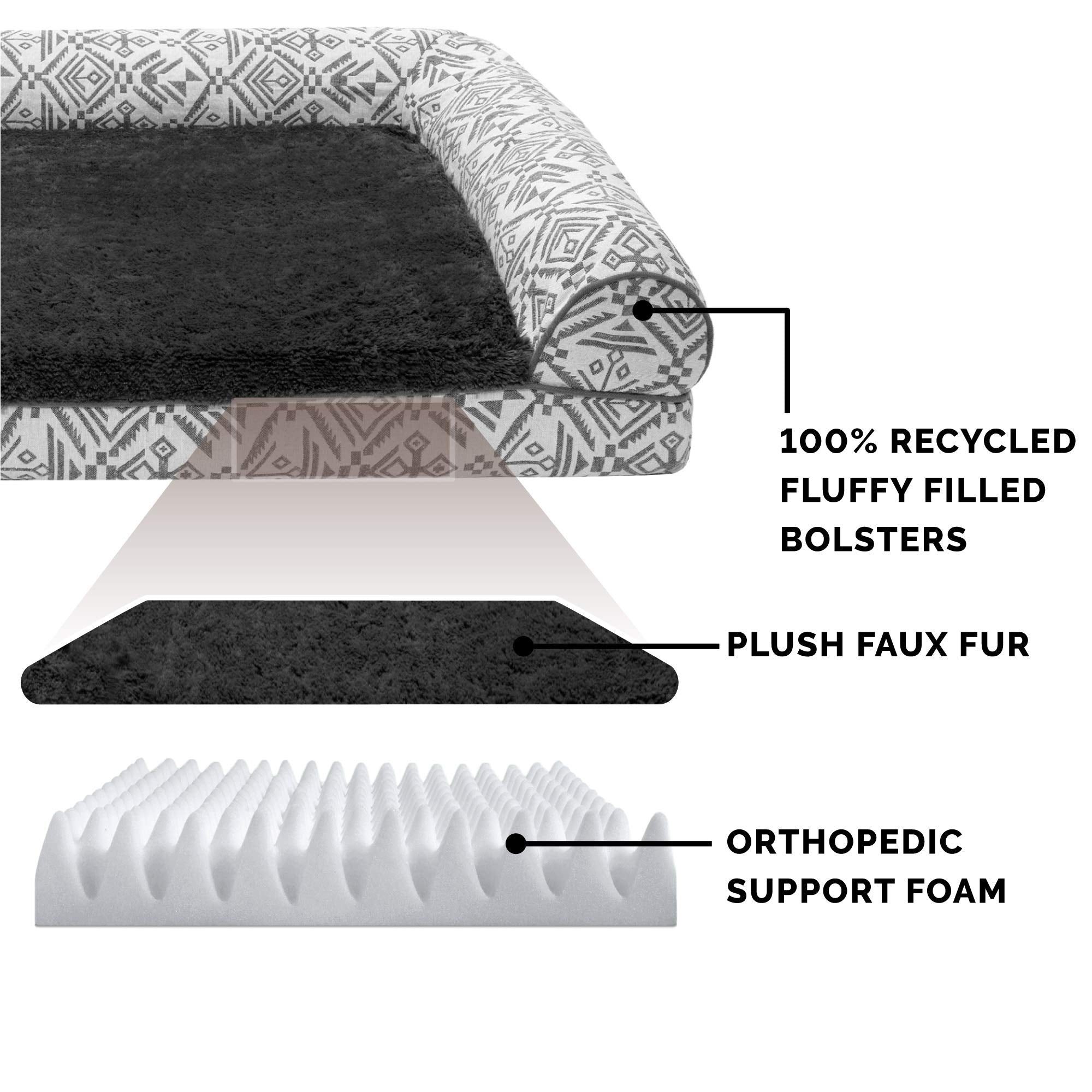 Furhaven Orthopedic Dog Bed For Medium/Small Dogs W/ Removable Bolsters & Washable Cover, For Dogs Up To 35 Lbs - Plush & Southwest Kilim Woven Decor Sofa - Boulder Gray, Medium
