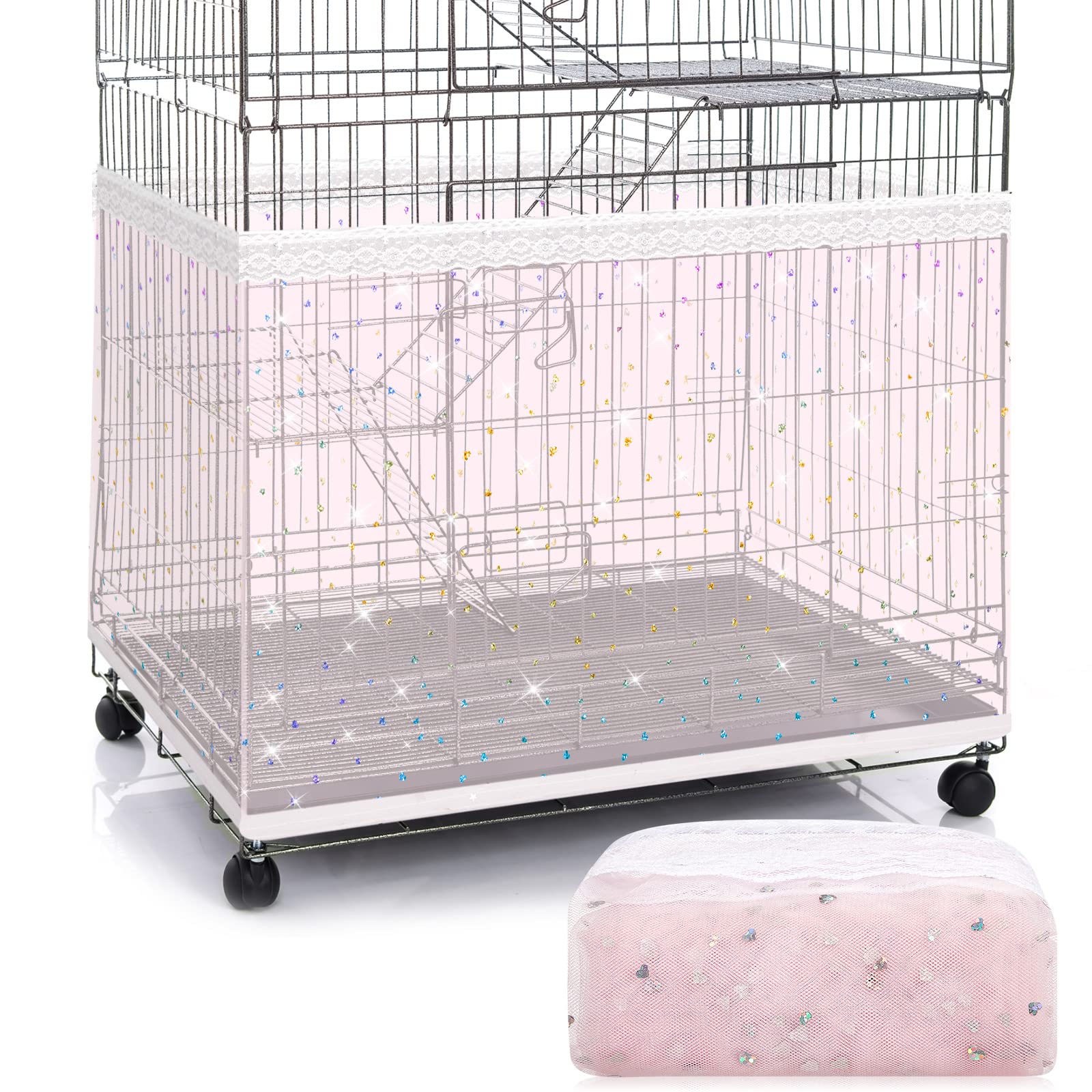 Twinkle Star Large Bird Cage Cover – Extra Large Nylon Mesh Seed Guard Skirt for Parakeet, Macaw, African Birdcages (Pink, XL)