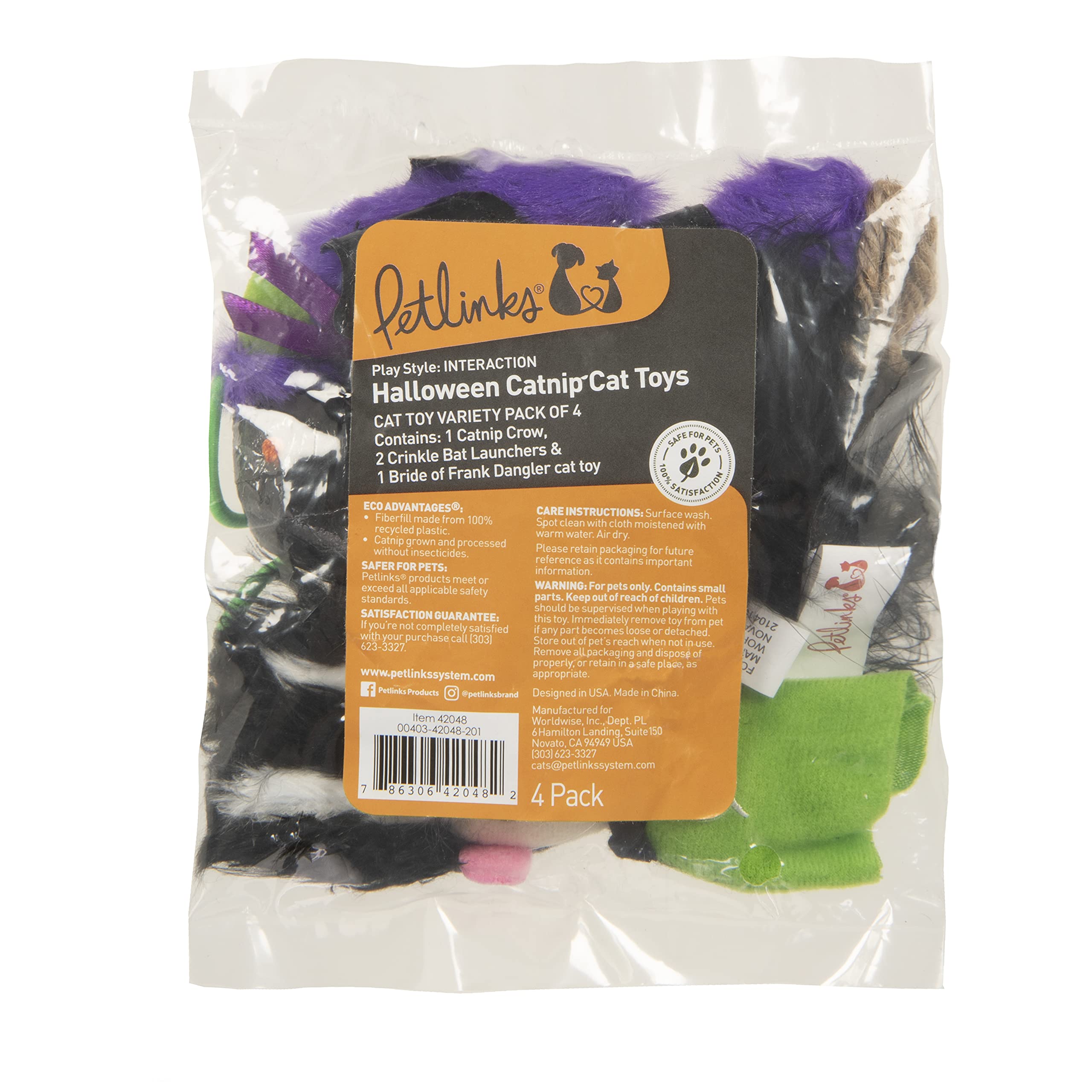 Petlinks (4 Set Bundle Halloween Cat Toys, 2X Crinkle Bat Launchers, 1X Catnip Crow, 1X Bride Of Frank Dangler - Multi Color, 4 Set Bundle