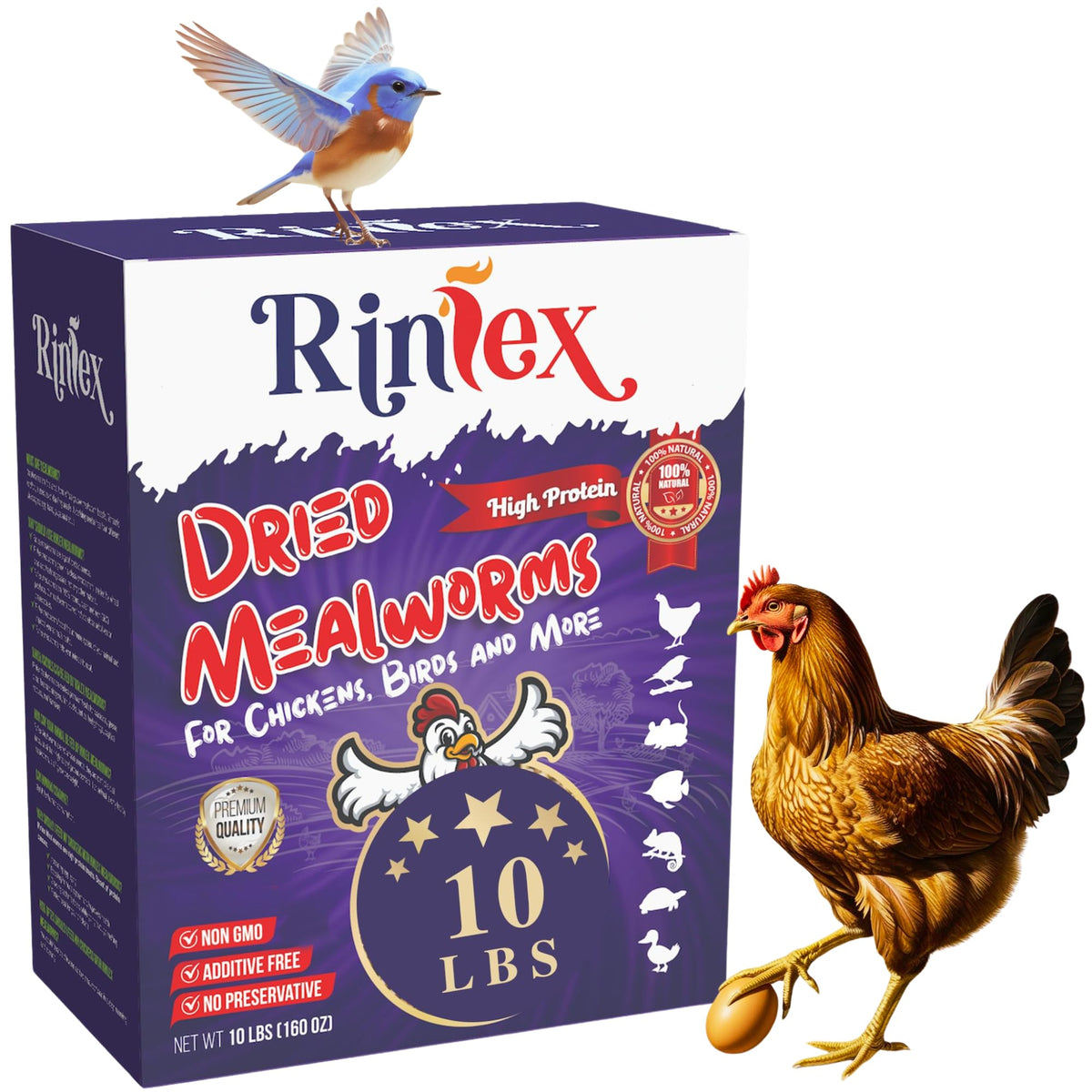 rinlex Dried Mealworms 10 lbs - Organic Chicken Feed for Laying Hens - Wild Bird Seed for Outside Feeders - Bluebird Food