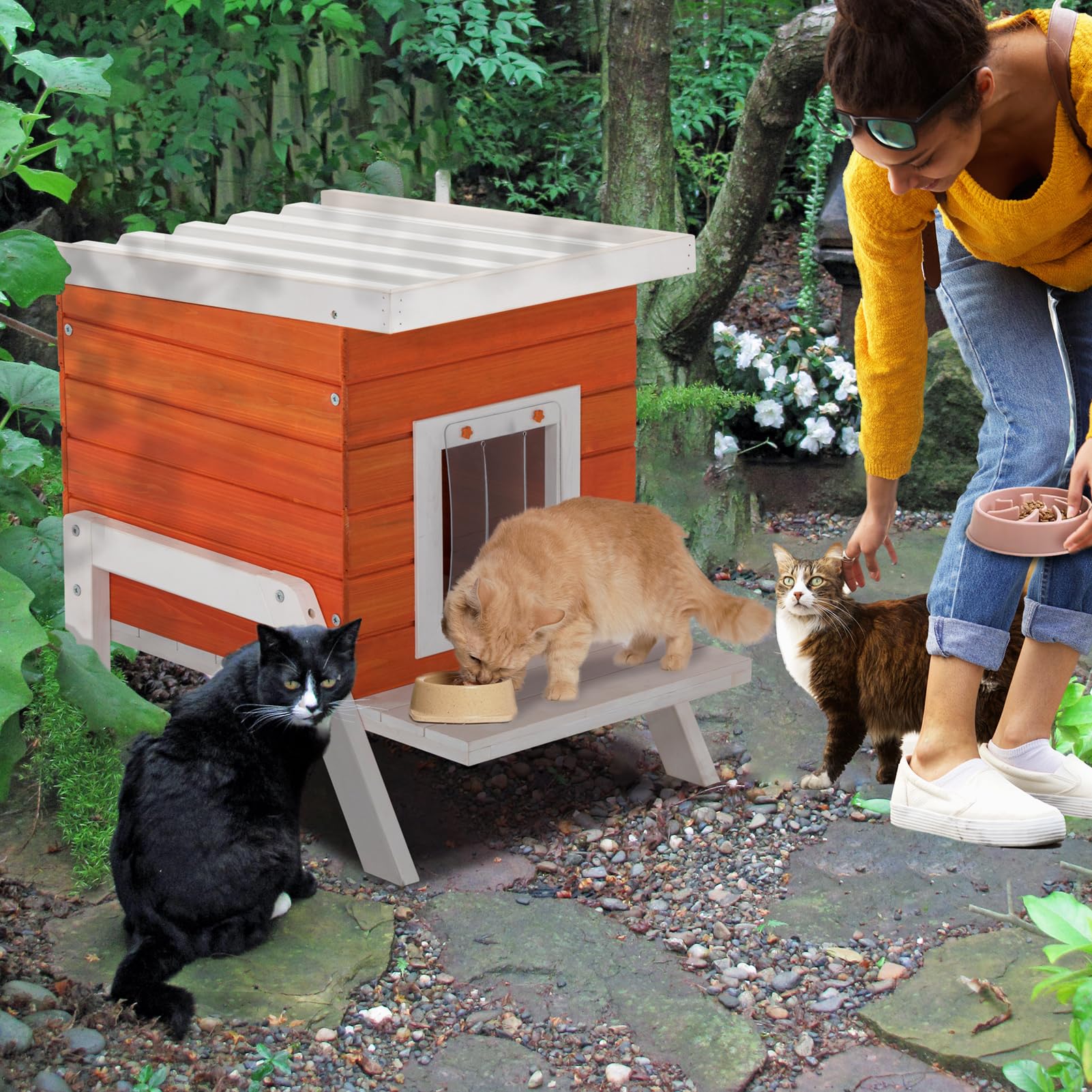 Petsfit Cat House Outdoor, Insulated High Feet + Feeding Station +Door Curtain, Wood Outside Cat House, Bunny Rabbit Hutch Orange