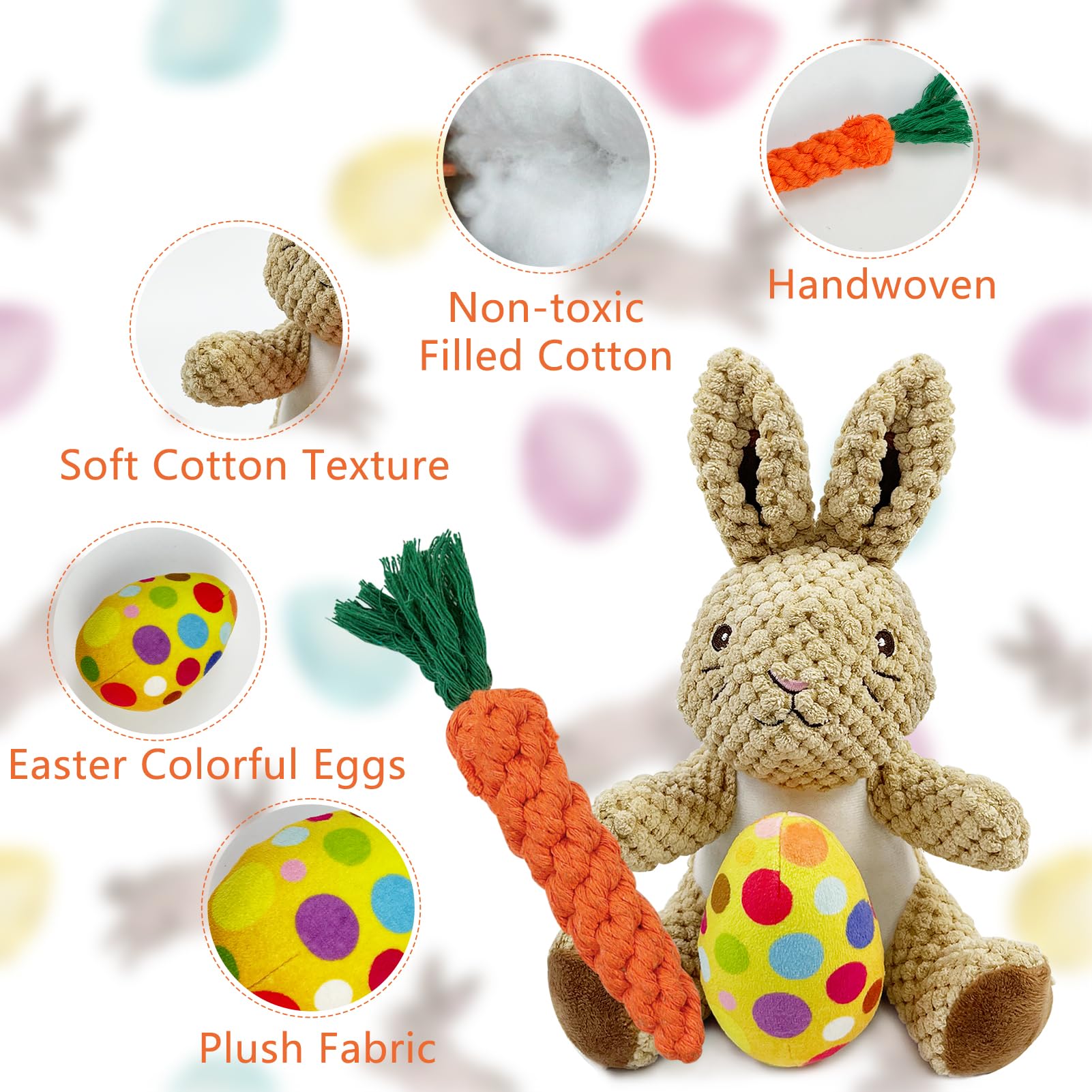 Aihsumc 4 Pcs Easter Dog Squeaky Toys, Stuffed Dog Toy Plush Easter Egg Bunny Rabbit Toys With Crinkle Interactive Rope Carrot E