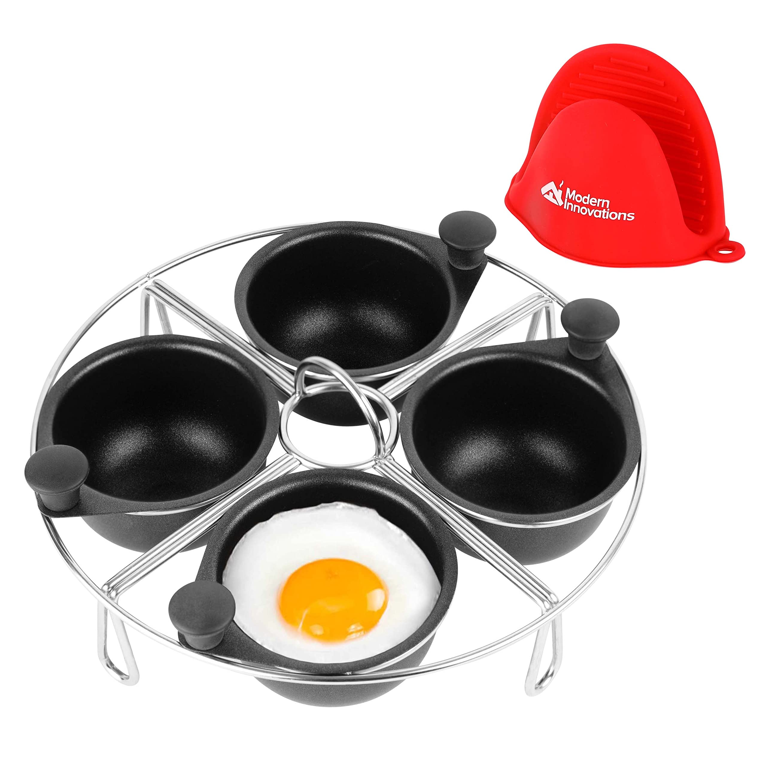 Modern Innovations Stainless Steel 4-cup Egg Poacher Tray - complimentary Silicone Mitt - Egg Poacher Insert for Poaching Eggs  
