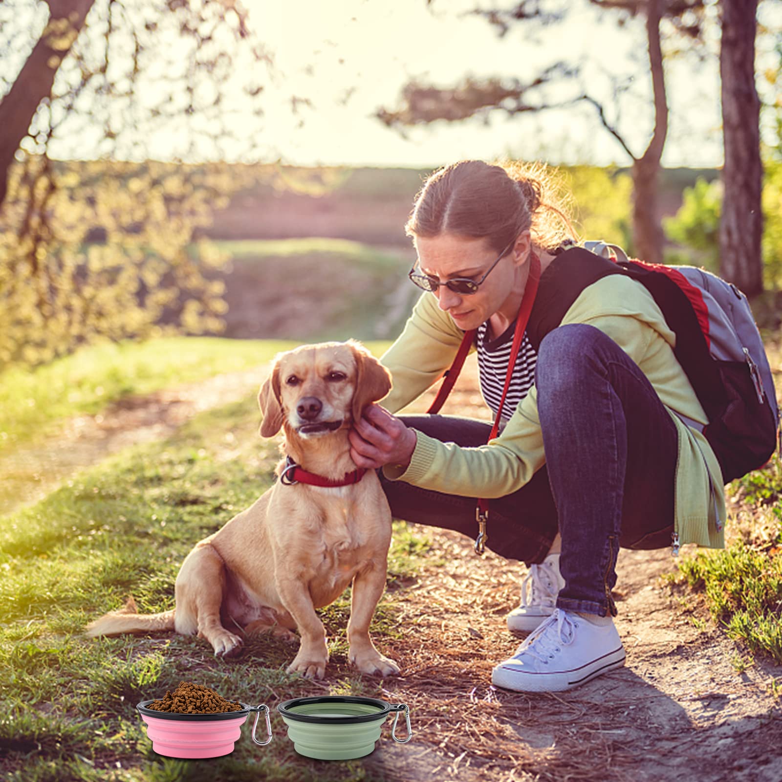 Slson Collapsible Pet Feeder, 2 Pack Dog Bowls With Cover Lids, Portable Foldable Cat Water Dish Bowl For Pets, Small, Fairy Pink And Sprout Green