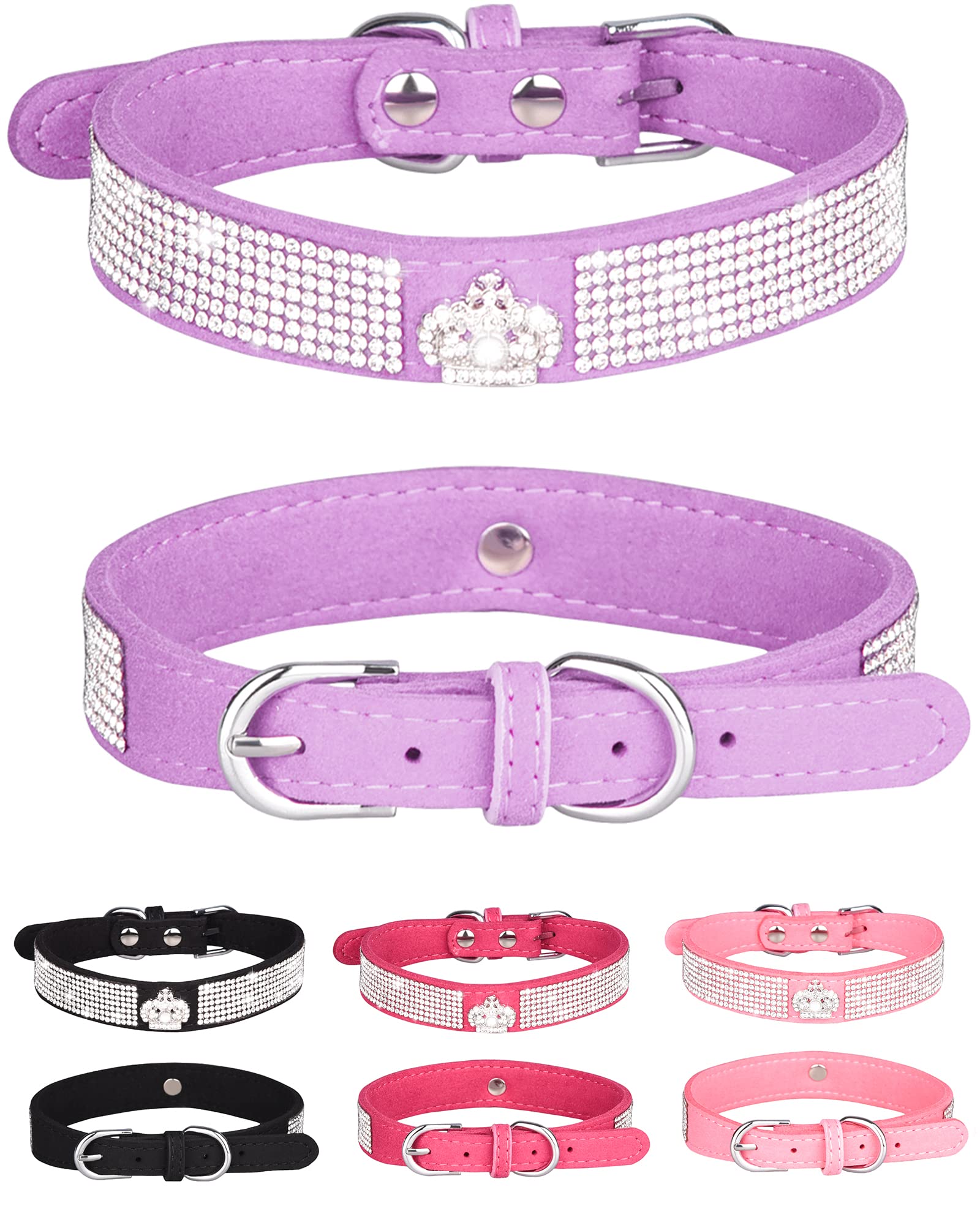 Dog Collar For Small Dogs, Adjustable Leather Suede Bling Dog Collars,Pink Dog Collar Cat Collar, Rhinestone Dog Collar (M, Purp