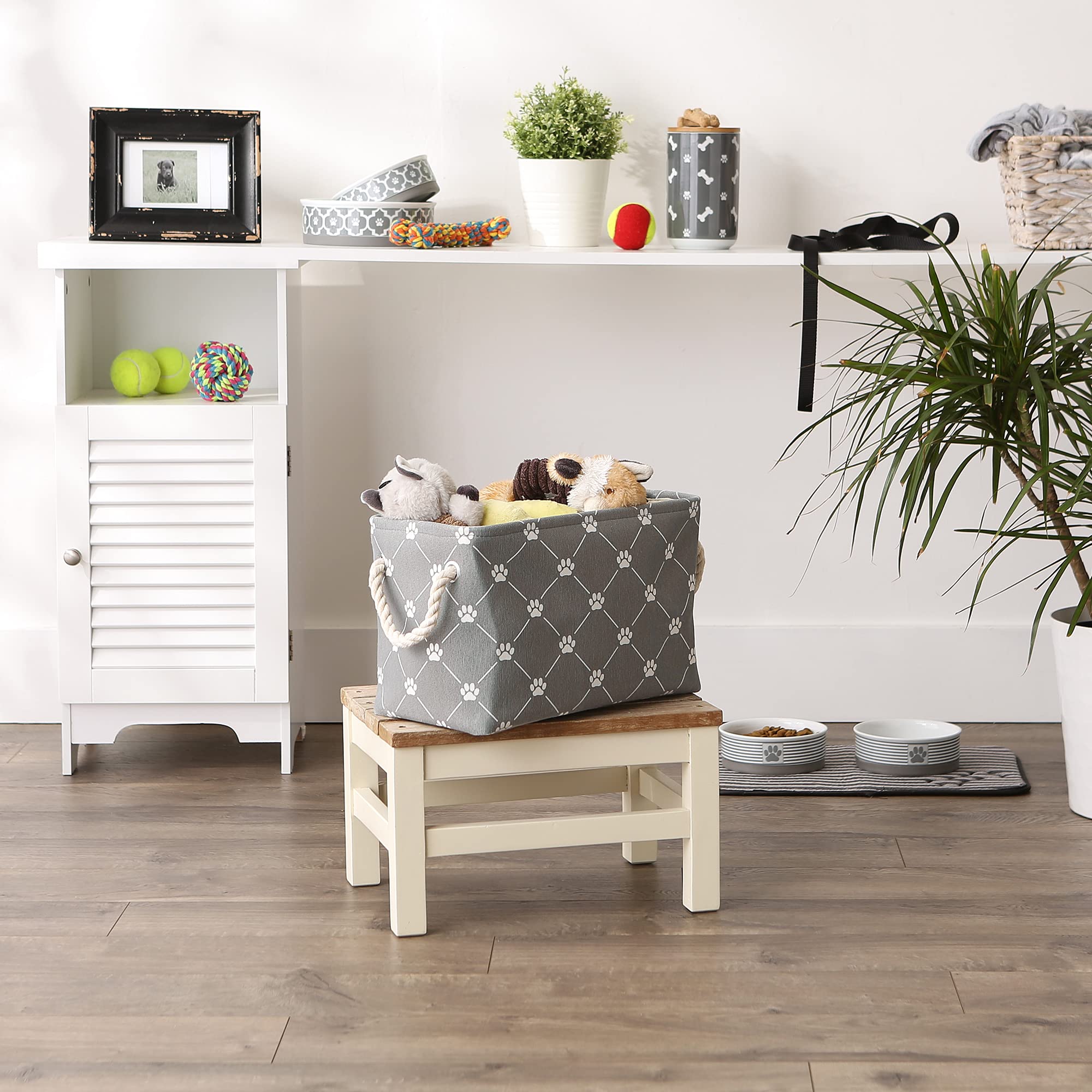 Bone Dry Pet Storage Collection Paw and Bone Print, Small Rectangle, 14x8x9, Gray