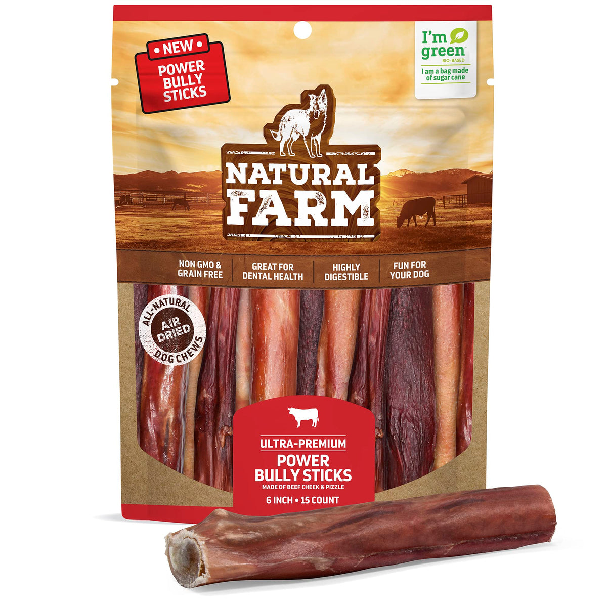 Natural Farm Power Bully Sticks (6 Inch, 15 Pack), 2 In 1 Bully Stick, Double The Size, Flavor And Nutrients-Long Lasting, Digestible 100% Natural Beef -Grass-Fed Cows, Non-Gmo Of Dogs