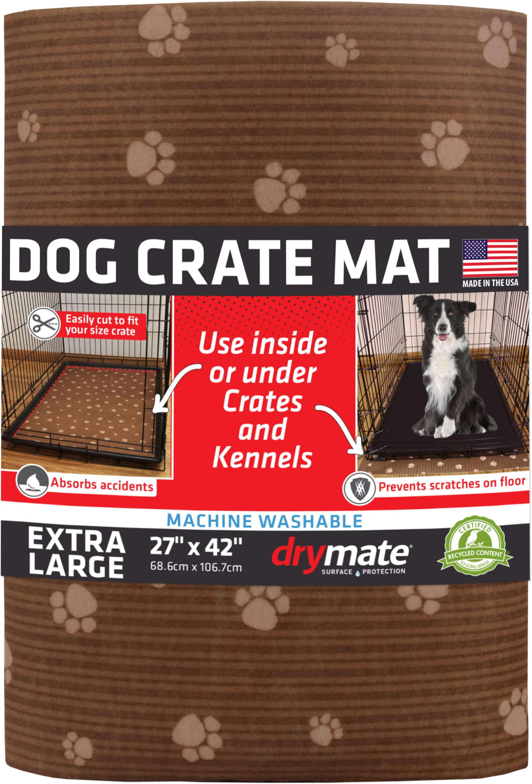Drymate Dog Crate Mat Liner, Absorbs Urine, Waterproof, Non-Slip, Washable Puppy Pee Pad For Kennel Training - Use Under Pet Cage To Protect Floors, Thin Cut To Fit Design (Usa Made) (Brown)(27'X42')