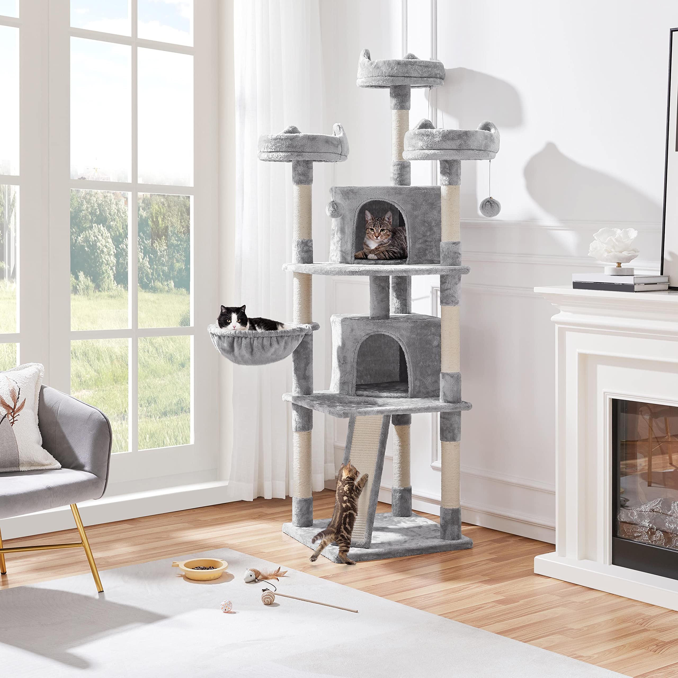 Yaheetech Large Cat Tree 76Inch, Multilevel Cat Tower With Perches Condos Scratching Posts For Indoor Cats, Light Gray