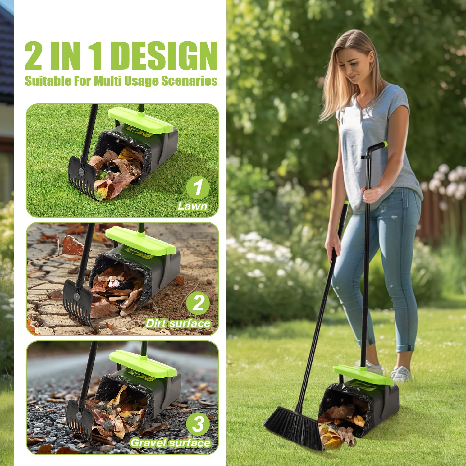Pooper Scooper Swivel Bin & Rake Kit With Broom Set Of 3 For Large Medium Small Dogs With 46'' Long Metal Handle And 35 Waste Ba