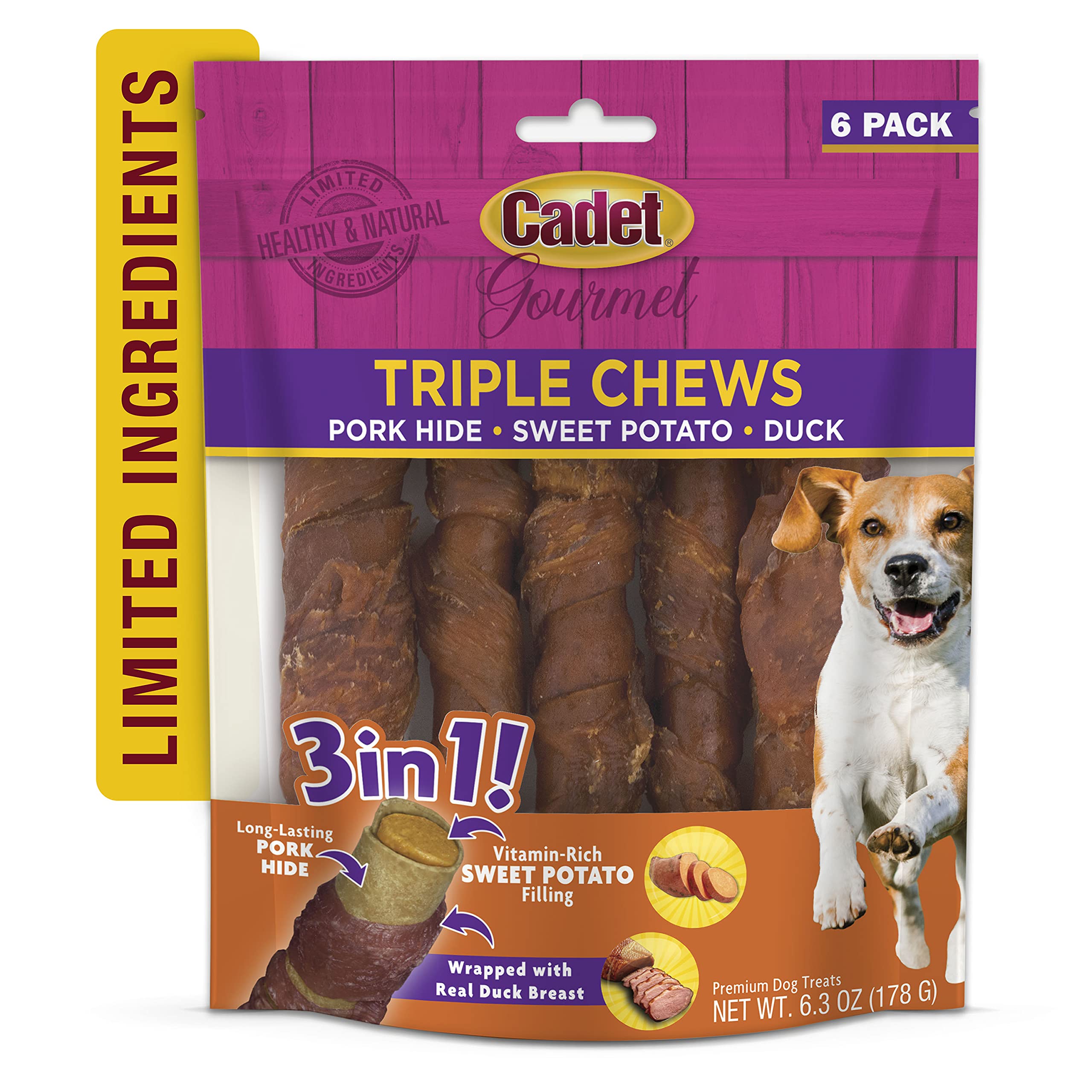 Cadet Gourmet Triple Chews Pork Hide, Sweet Potato, & Duck Dog Treats - Healthy Dog Treats for Small & Large Dogs - Inspected &