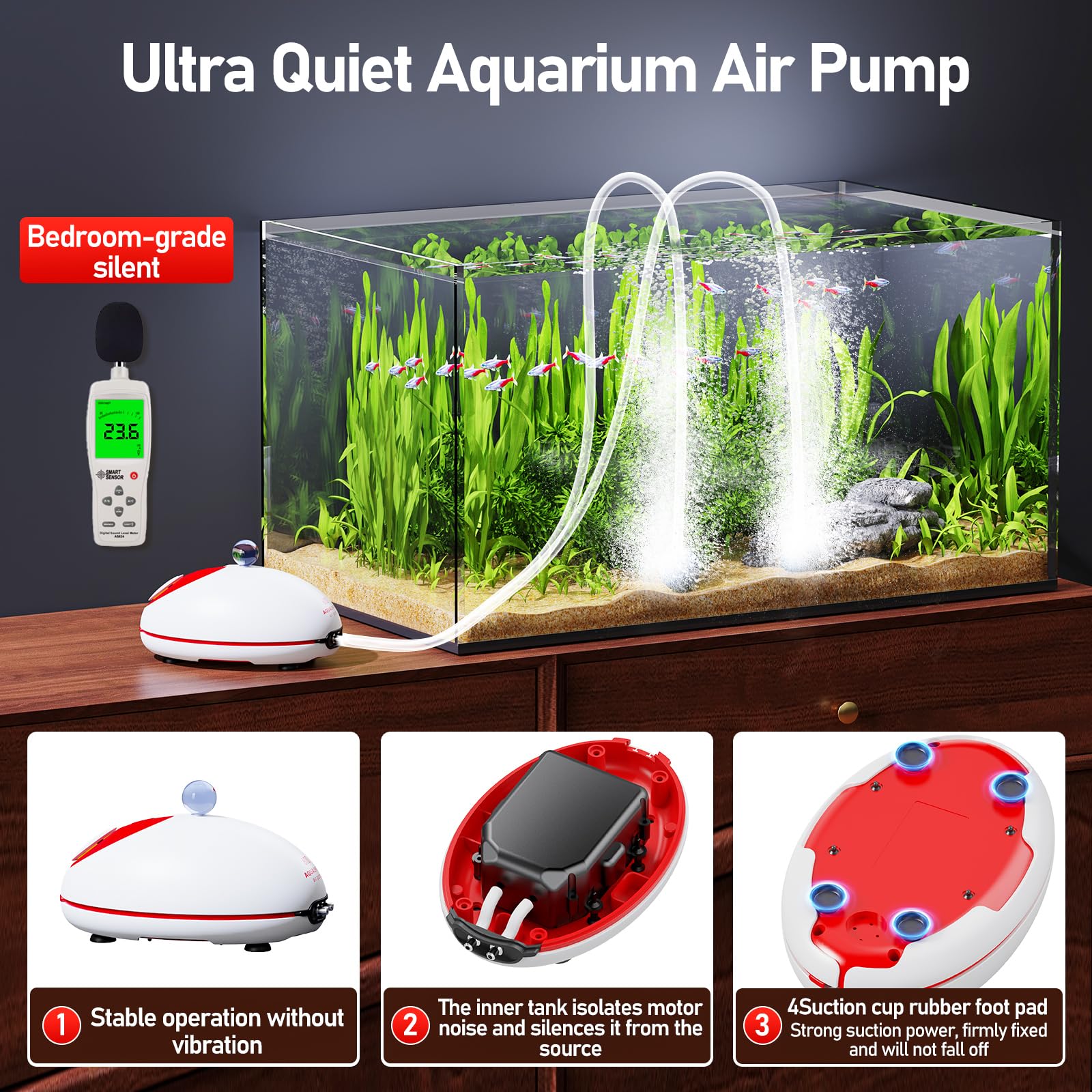 AQUASMITH 1w Ultra Quiet Aquarium Air Pump, Aquarium Aerator Adjustable Airflow, Single Hole Suitable for 20 to 40 GPH Fish Tank