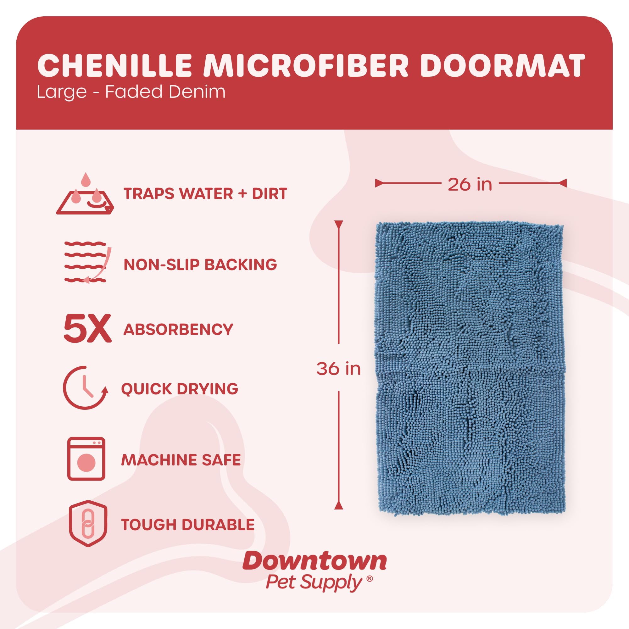 My Doggy Place Microfiber Dog Mat for Muddy Paws, 36 x 26 Faded Denim - Absorbent and Quick-Drying Dog Paw Cleaning Mat, Washer