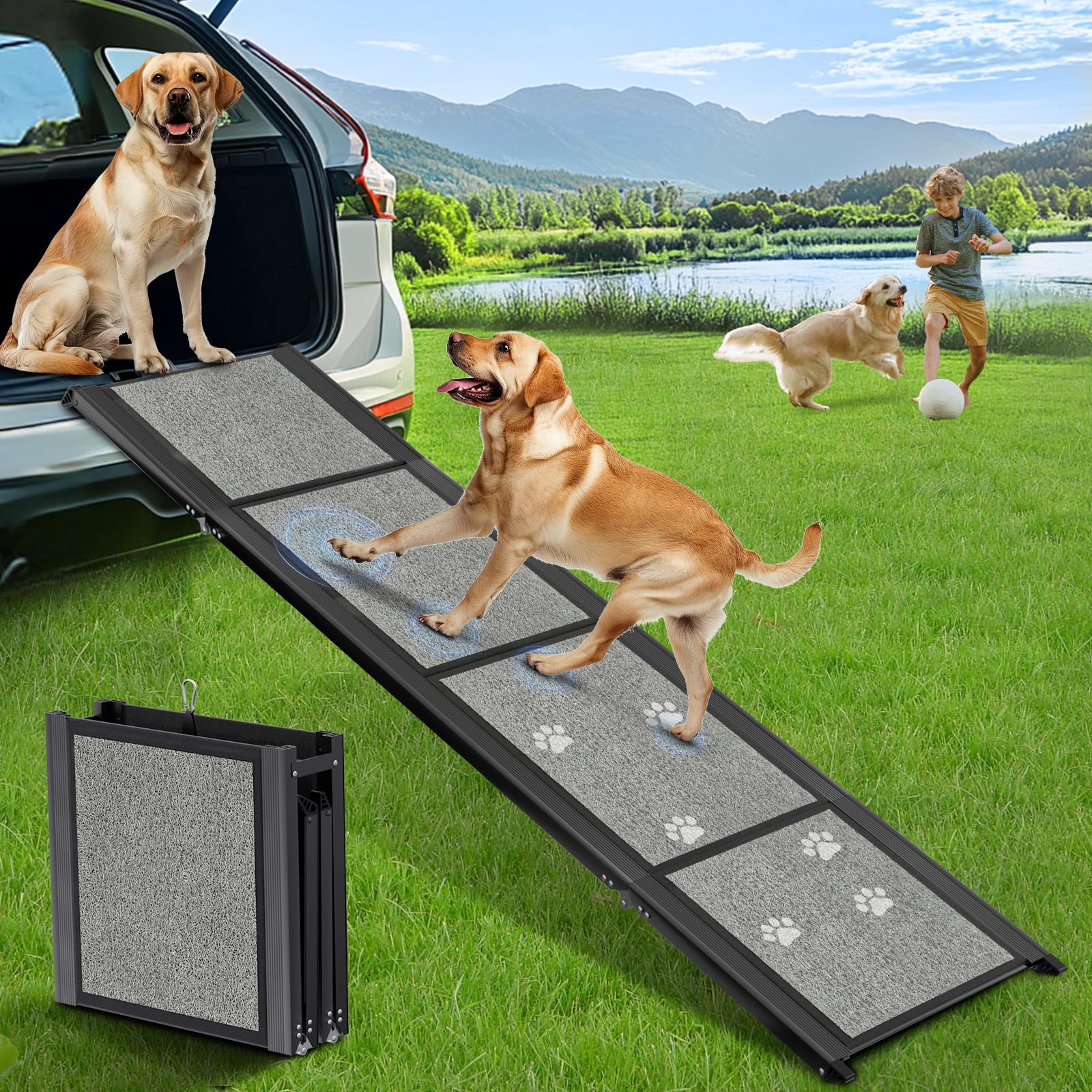 Dog Ramp For Car, 71'' Extra Long Folding Pet Stair Ramp With Non-Slip Surface For Medium & Large Dogs Up To 250Lbs, Outdoor Dog