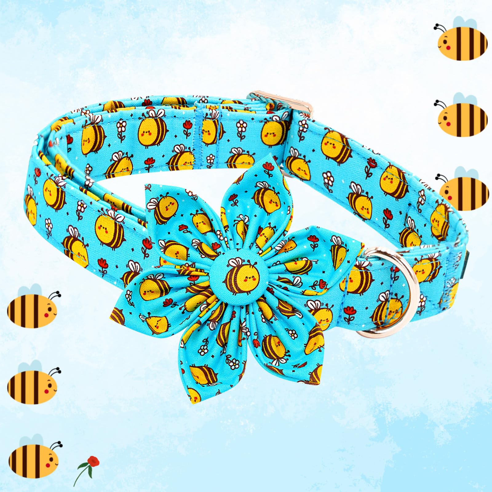 Lionheart Glory Dog Collar With Flower Dog Collar For Medium Dogs, Bees Print Dog Flower Collars Spring Blue Cute Collars Pet Co