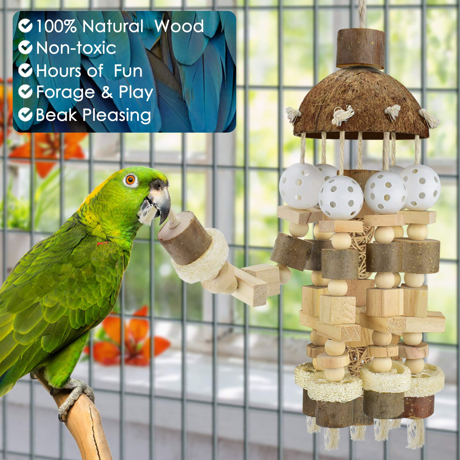 Katumo Bird Parrot Toy, Large Parrot Toy Natural Wooden Blocks Bird Chewing Toy Parrot Cage Bite Toy Suits For African Grey Cockatoos Amazon Parrots Ect Large Medium Parrot Birds