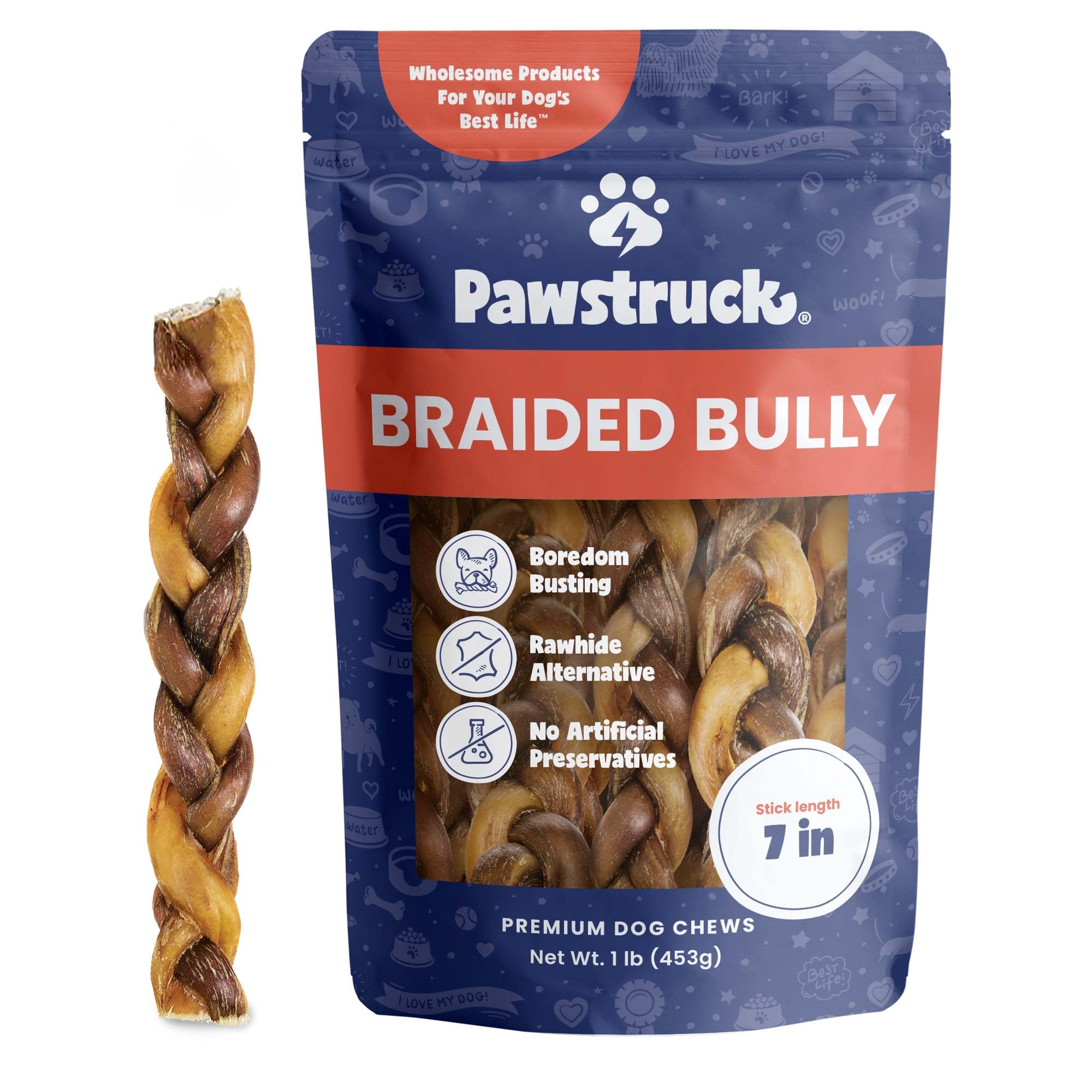 Pawstruck 100% Natural 7 Braided Bully Sticks 1 lb Bag - Long Lasting Rawhide Free Single Ingredient Dog Chews for Aggressive Ch