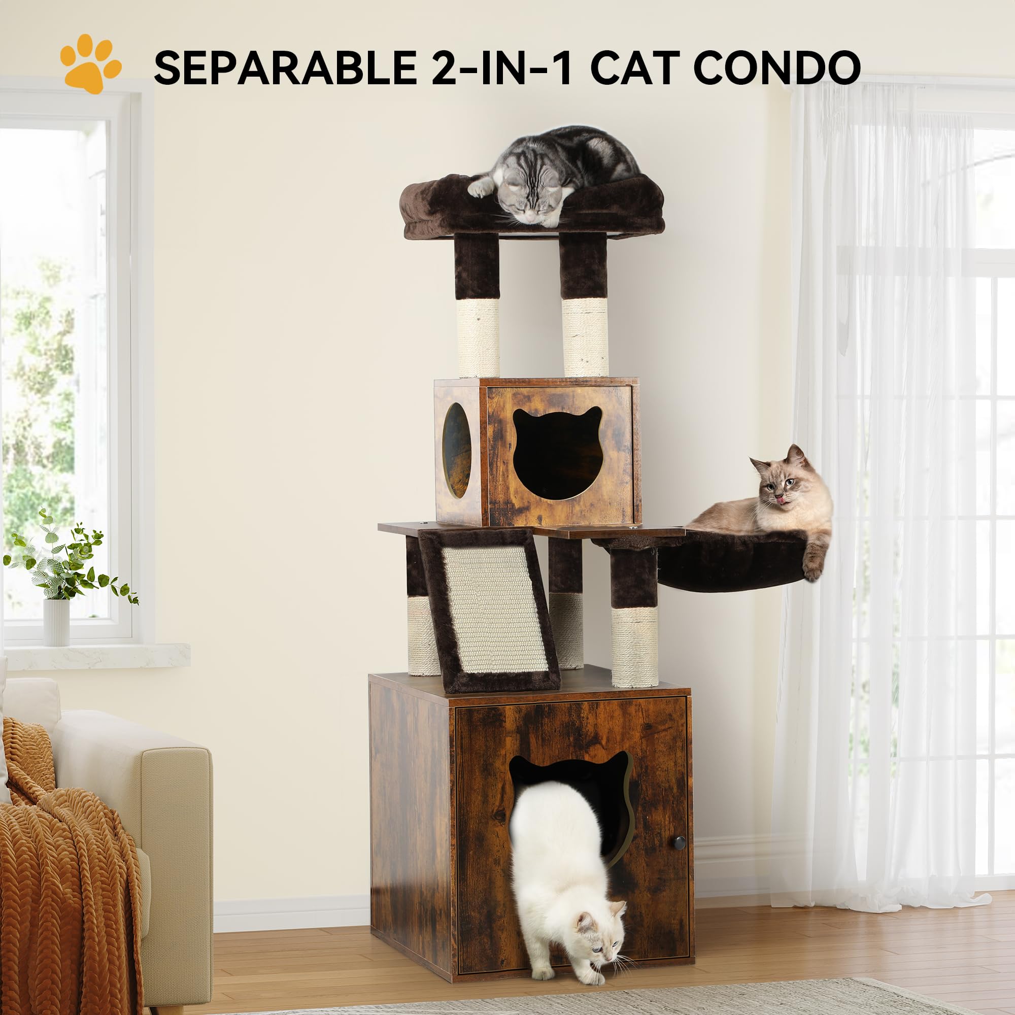 YITAHOME Modern Cat Tree with Litter Box Enclosure, Combo Endtable and Large Cat Tower with Basket, 4-in-1 Litter Box Furniture