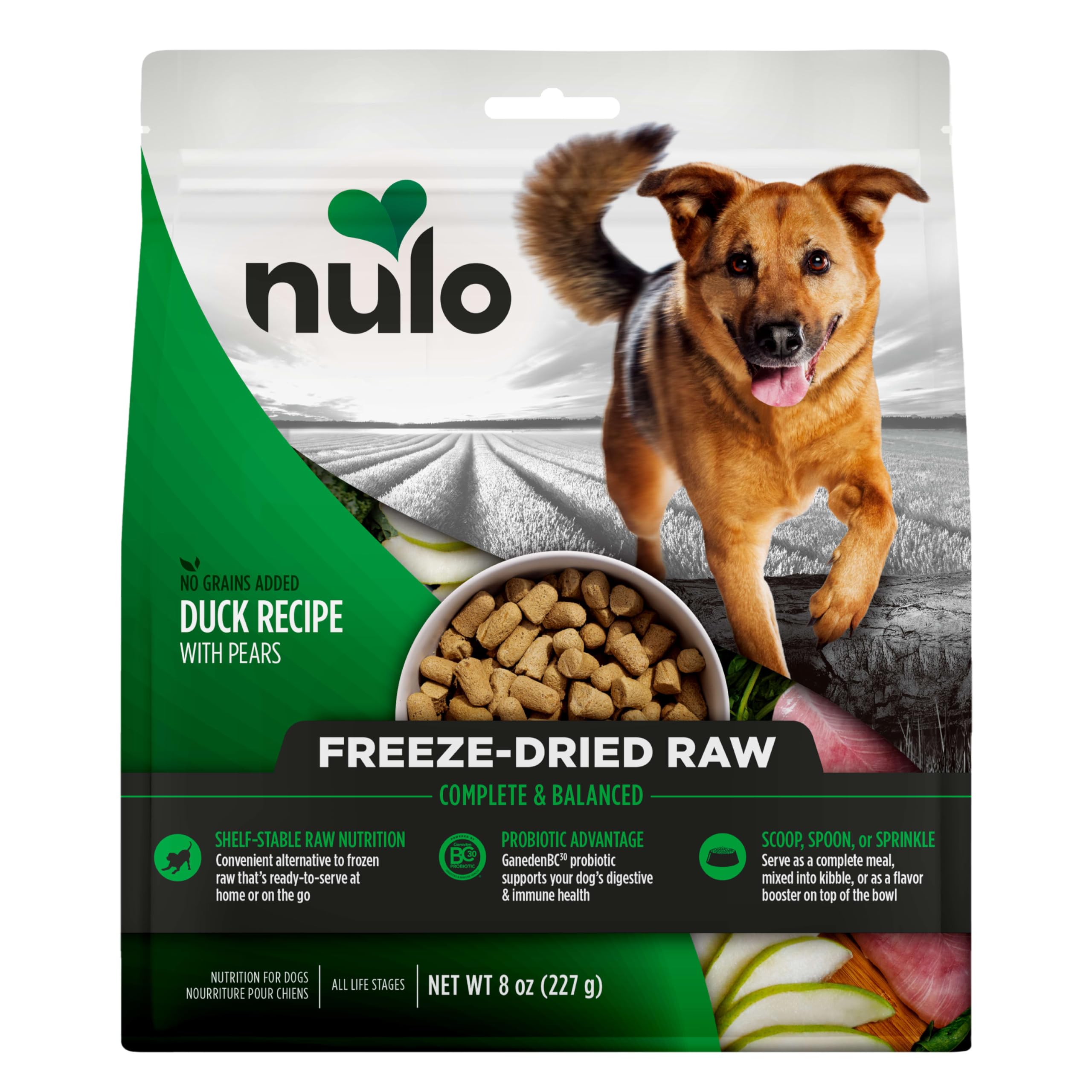 Nulo Freeze-Dried Raw Duck Recipe with Pears Complete and Balanced Dry Dog Food Kibble, 8 Ounce Bag
