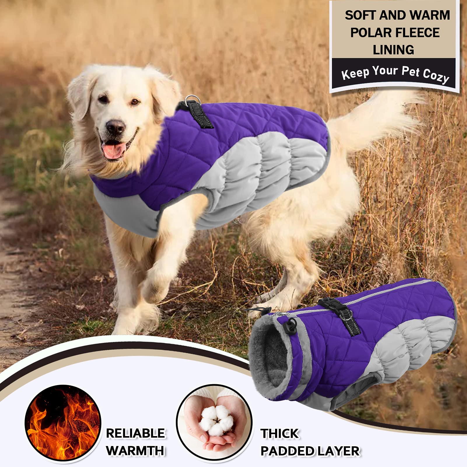 Aofitee Winter Dog Coat Warm Fleece Dog Jacket For Cold Weather, Reflective Zip Up Puppy Dog Sport Vest With Leash Rings, Outdoor Pet Sweater Apparel Clothes For Small Medium Large Dogs, Purple M