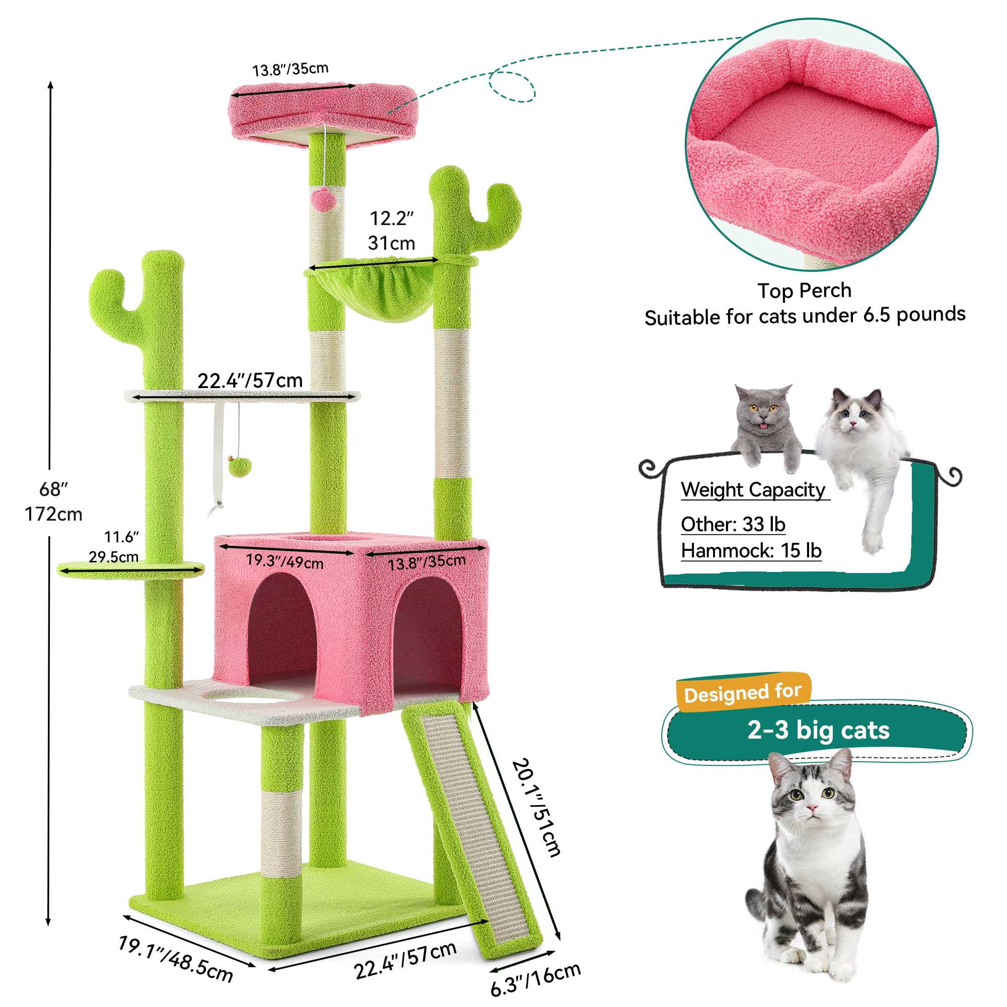YITAHOME Tall Cactus Cat Tree: 68 in Cats Tower Activity Center with Sisal Posts, Hanging Balls, Nest, Pet Climbing Furniture Id