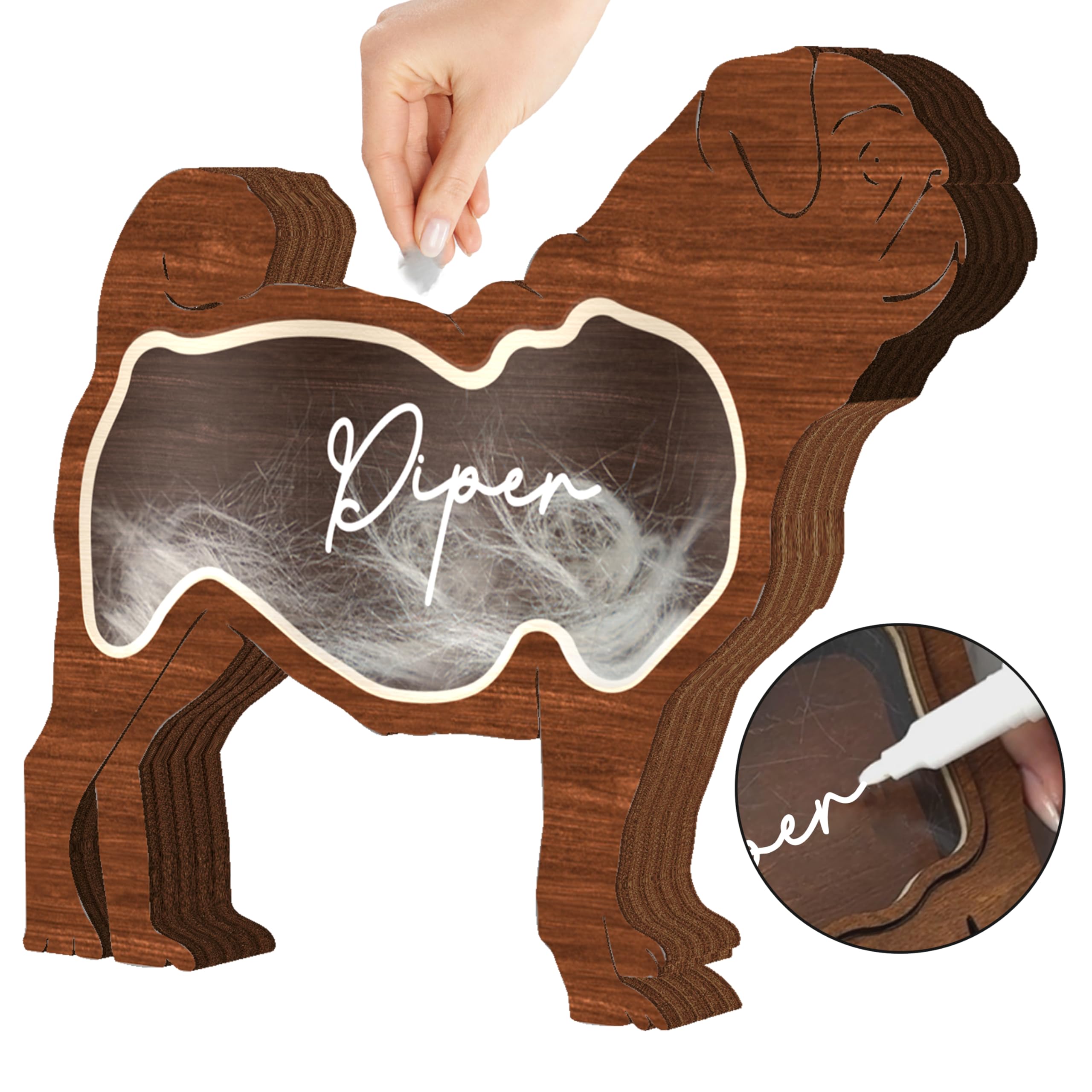 Pug Dog Hair Keepsake Box Wooden Pet Fur Gifts For Dog Cat Unique Dog Shape Standable Tabletop Decoration Pet Dog Memorial Idea 