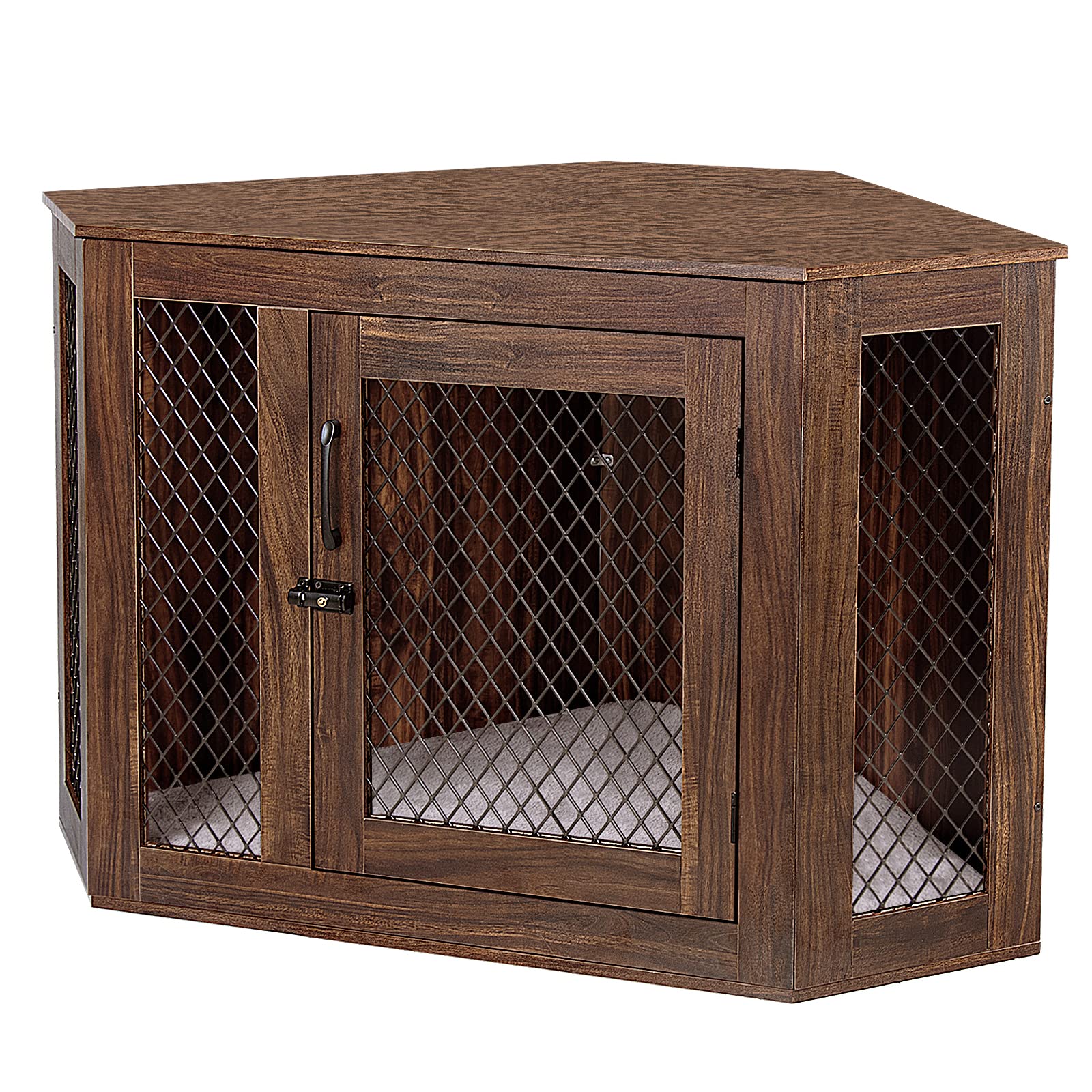 Polar Aurora Corner Dog Crate, Wood Dog Kennel Furniture 44 Dog Cage End Table with Cushion for Indoor use,Wood Pet House Dog 