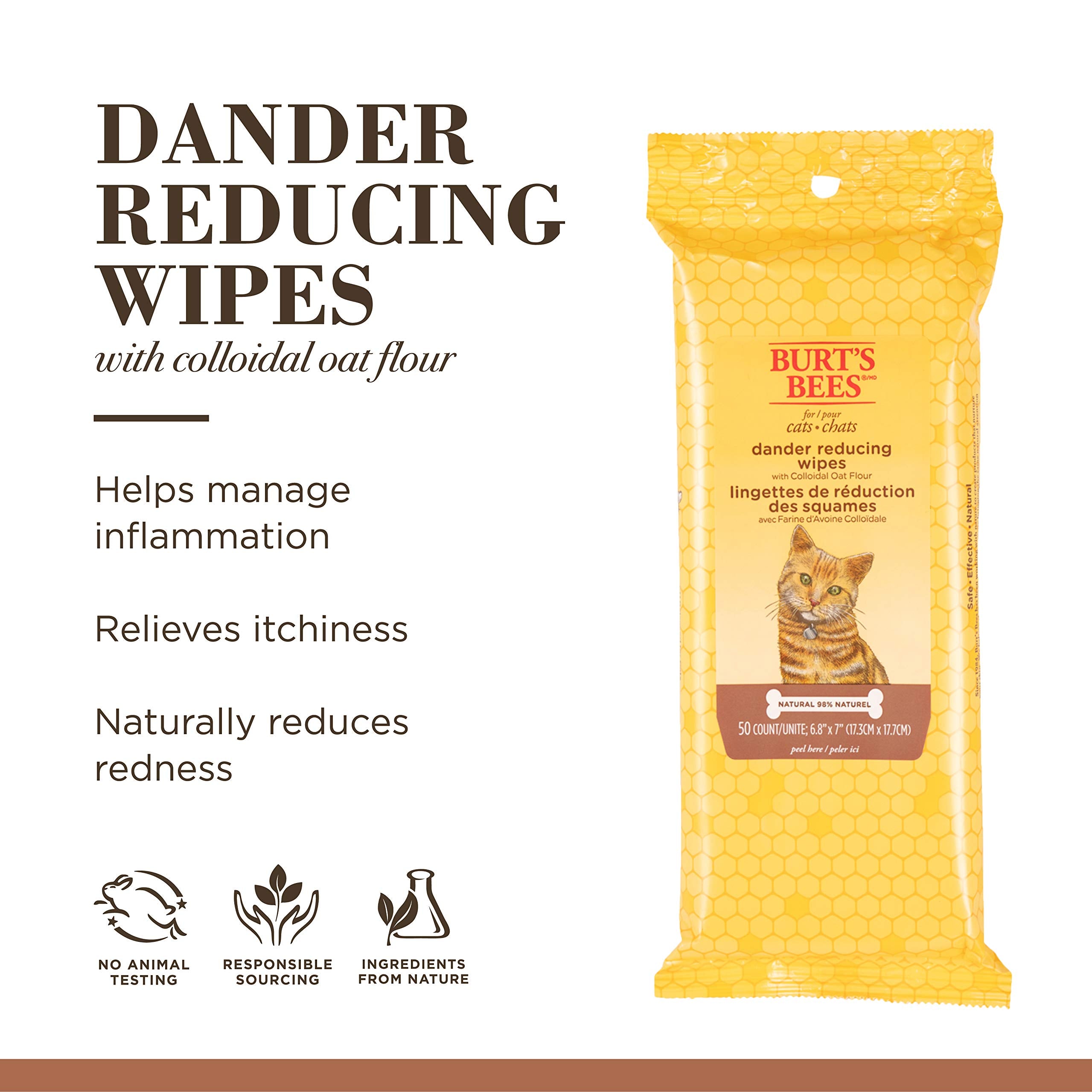 Burt'S Bees For Pets Cat Dander Wipes With Colloidal Oat Flour, 98% Natural Origin Formulas, Cat Dander Remedy, Cat Wipes For Allergy Relief, Cat Dander Wipes, 50Ct