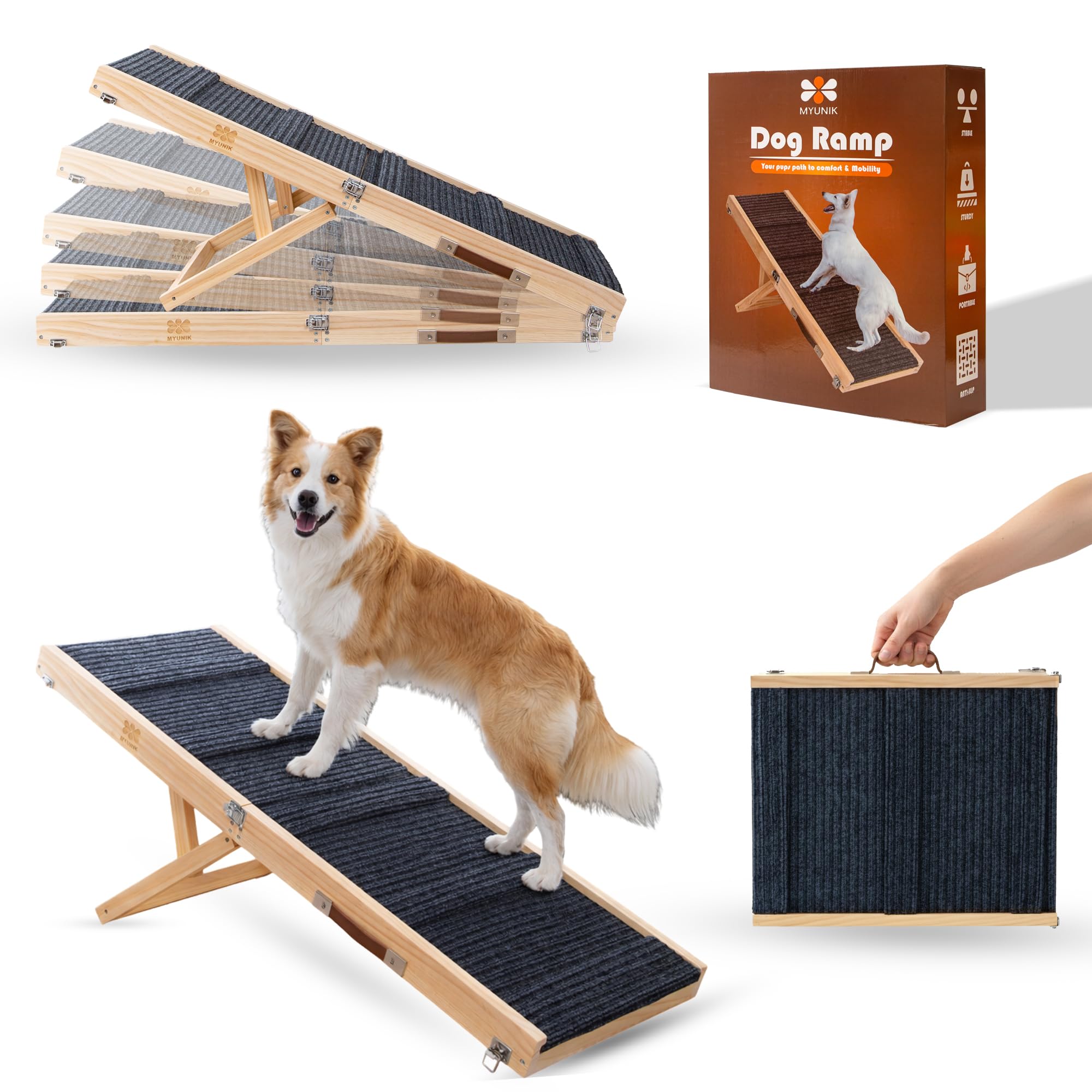 MYUNIK Adjustable Dog Ramp for Bed & Couch, 40.5 Inches Solid Wood Foldable Pet Ramp for All Dogs, Dog Bed Ramp with 5 Heights 1