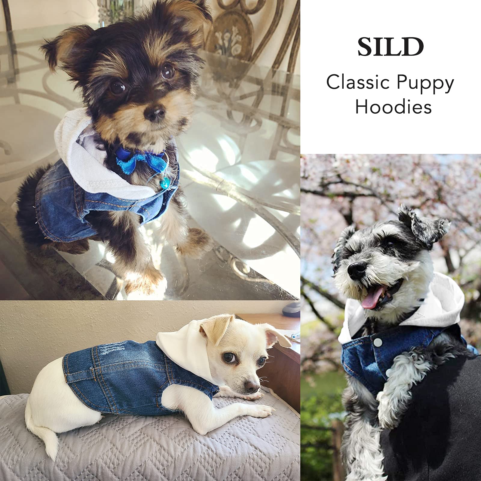 Sild Pet Clothes Dog Jeans Jacket Cool Blue Denim Coat Small Medium Dogs Lapel Vests Classic Hoodies Puppy Blue Vintage Washed Clothes (White,S)