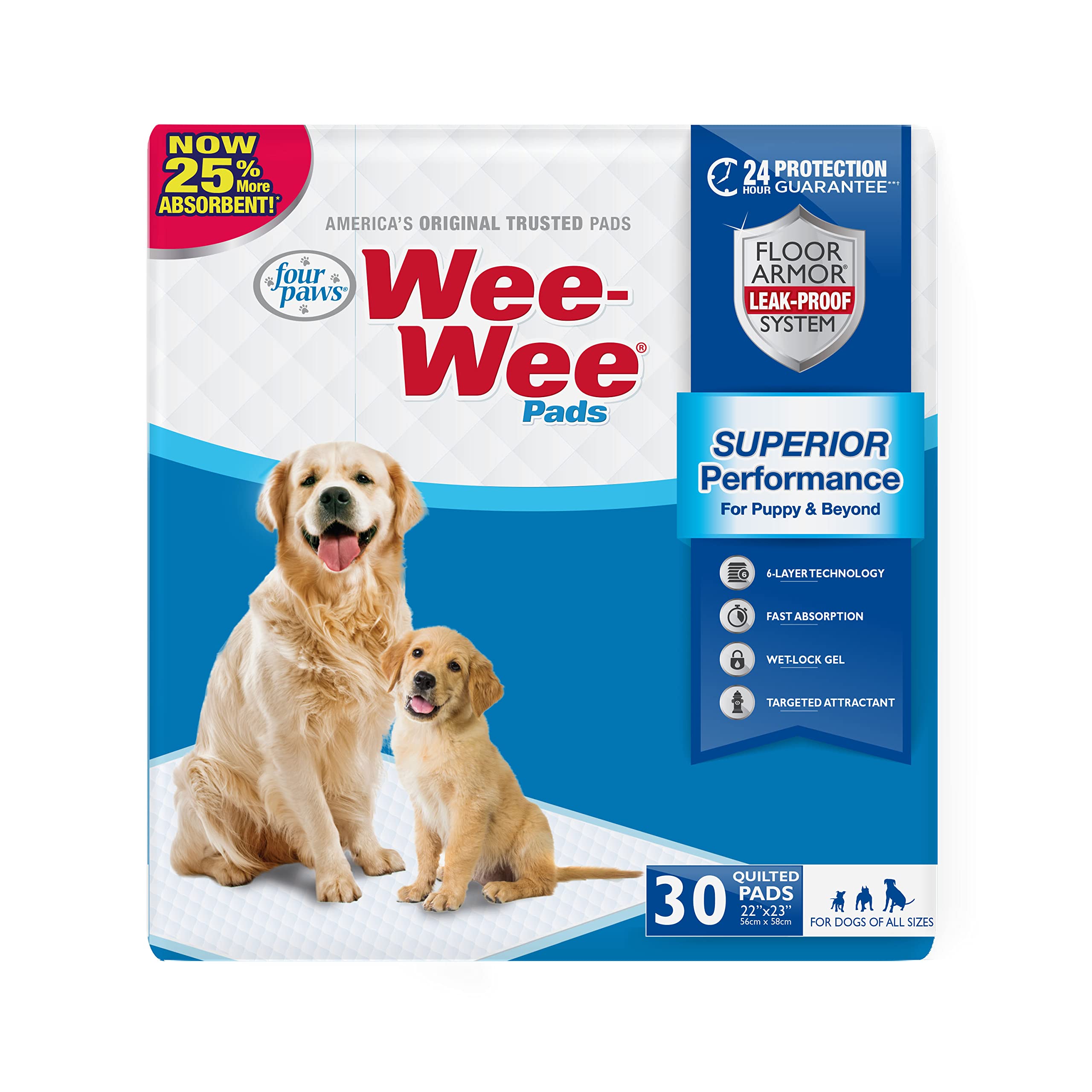 Four Paws Wee-Wee Superior Performance Unscented Pee Pads For Dogs & Puppies, Quilted Leak-Proof Dog Housebreaking Potty Training Floor Protection, 22' X 23', 30 Count