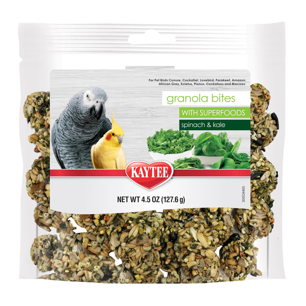 Kaytee Granola Bites With Super Foods Spinach And Kale For Pet Birds, Conure, Cockatiel, Lovebird, Parakeet, Amazon, African Grey, Ecletus, Pionus, Cockatoos And Macaws, 4.50 Ounce (Pack Of 1)