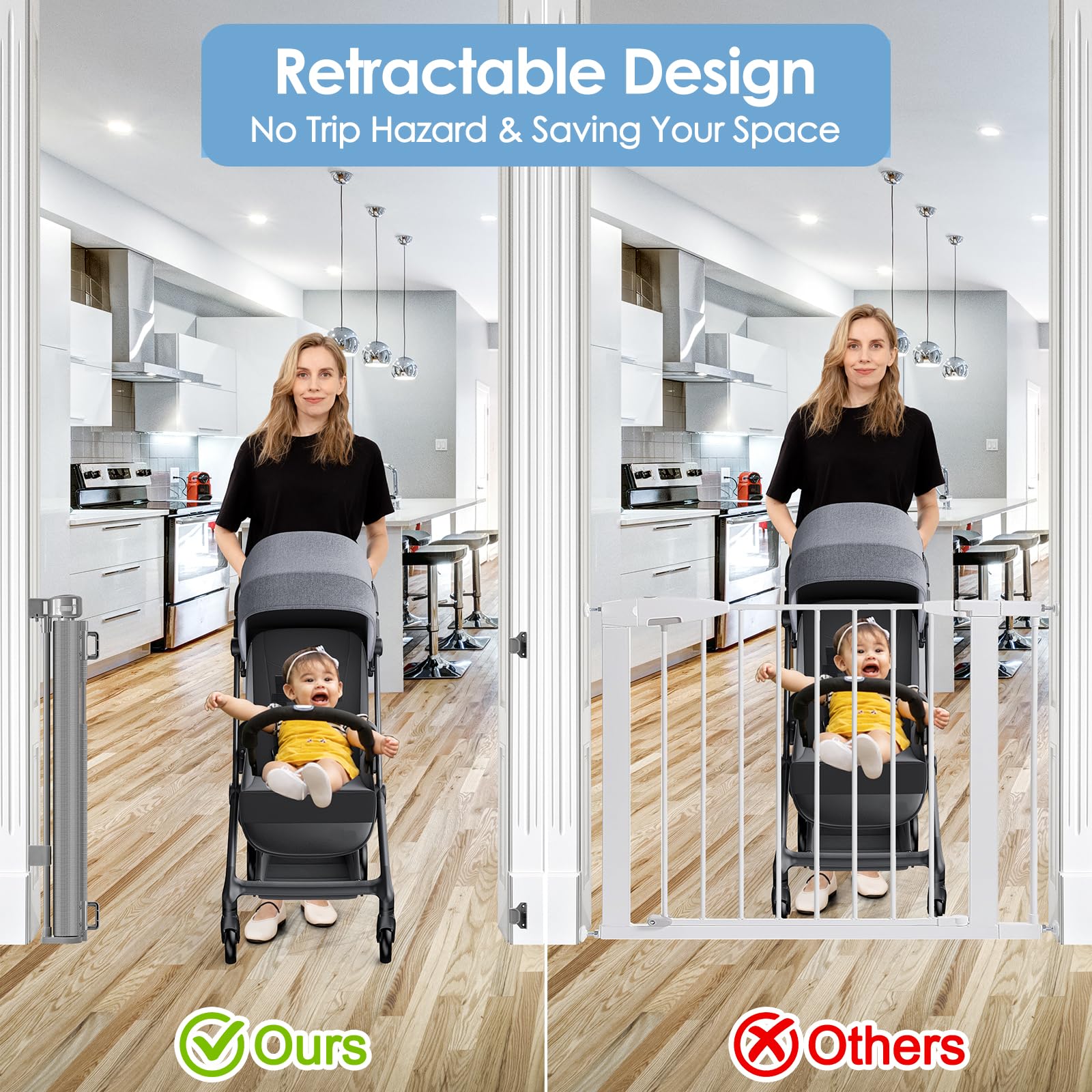Reinforced Retractable Baby Gates with Support Rods, Retractable Gate for Babies and Pets Prevent Bottom Crawling Through, Exten