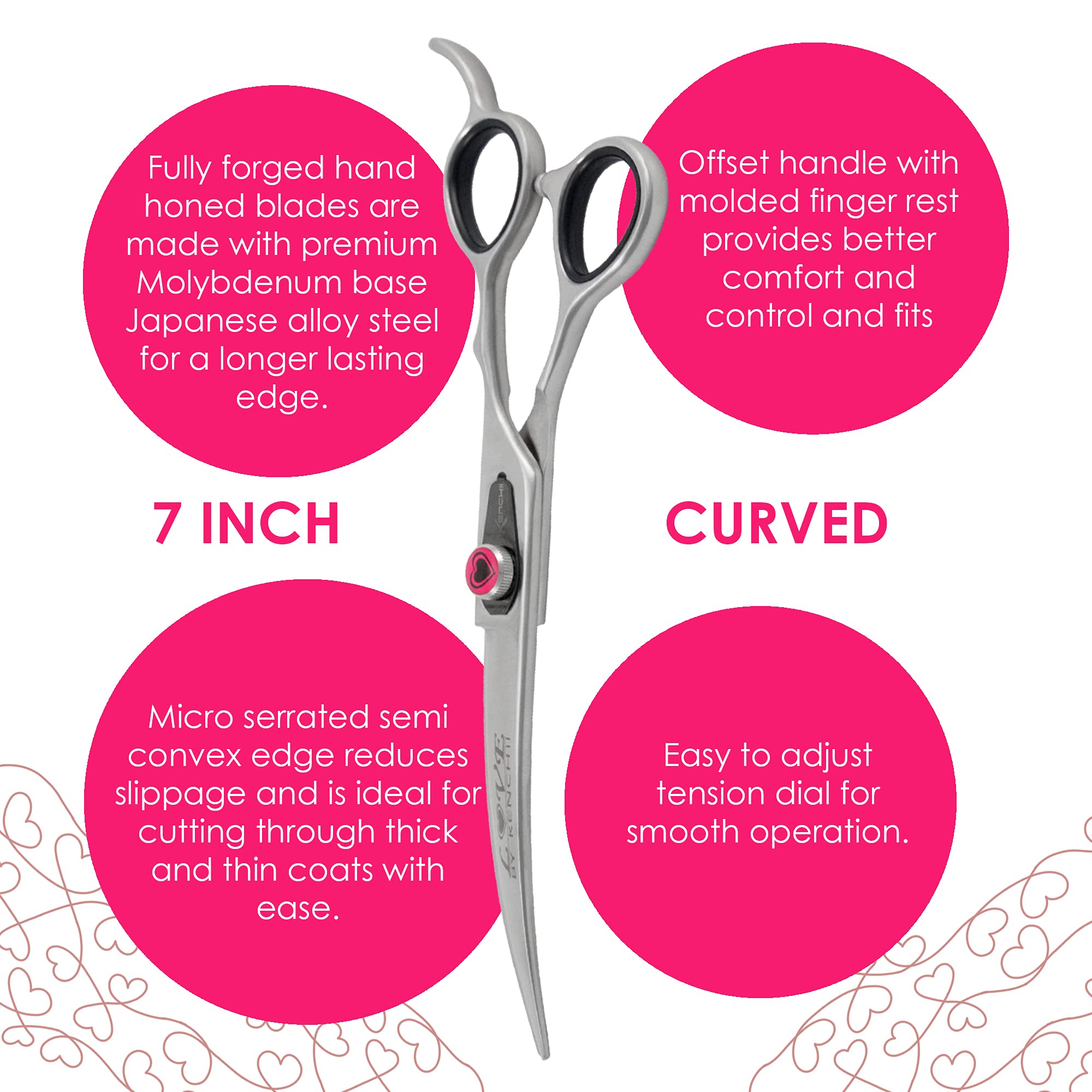 Kenchii Dog Grooming Scissors | 7 Inch Shears | Curved Scissors For Dog Grooming | Love Collection Dog Shears | Pet Grooming Accessories | Pet Hair Trimming Scissor