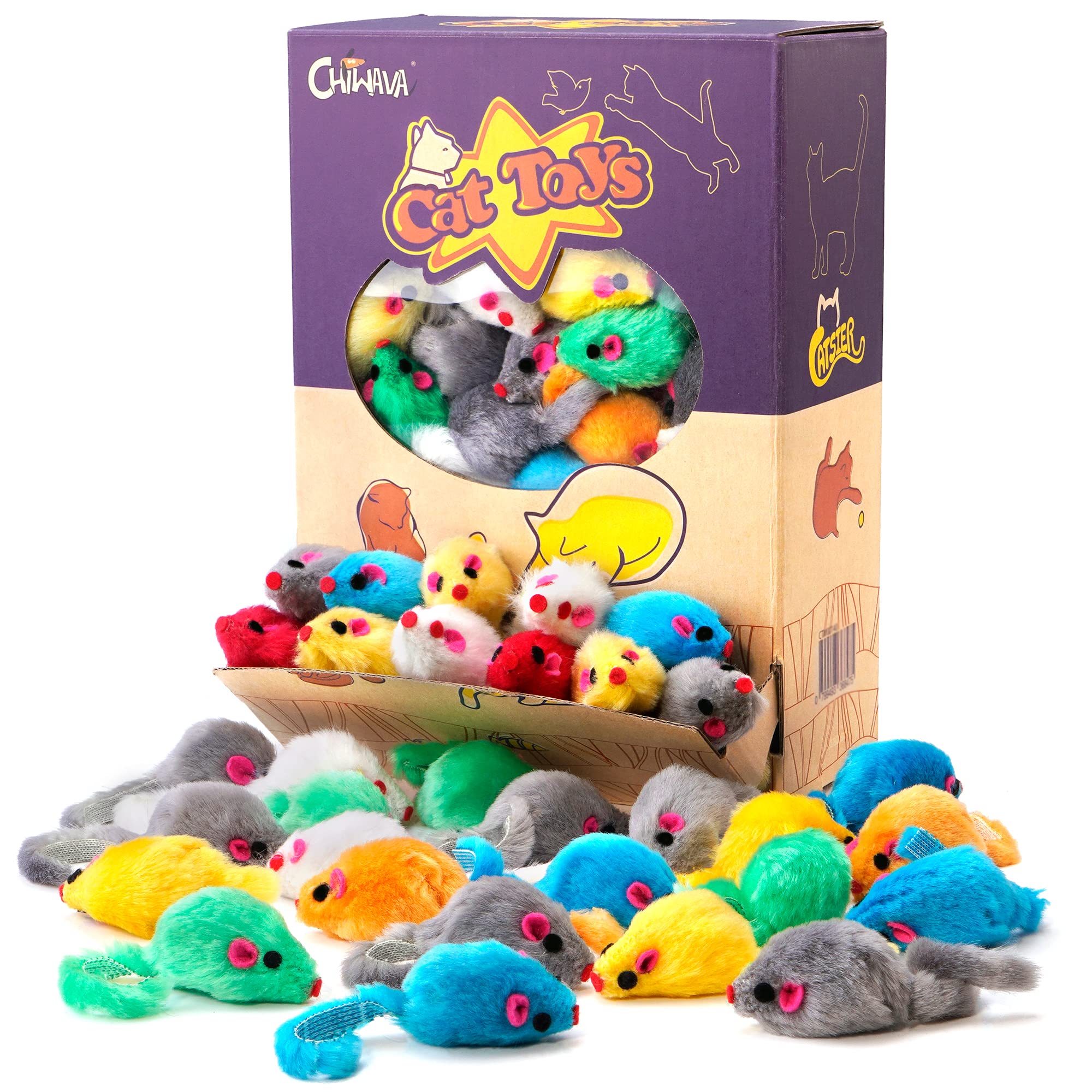 Chiwava 60Pcs 4.1'' Furry Cat Toy Mice Rattle Small Mouse Kitten Interactive Play Assorted Color