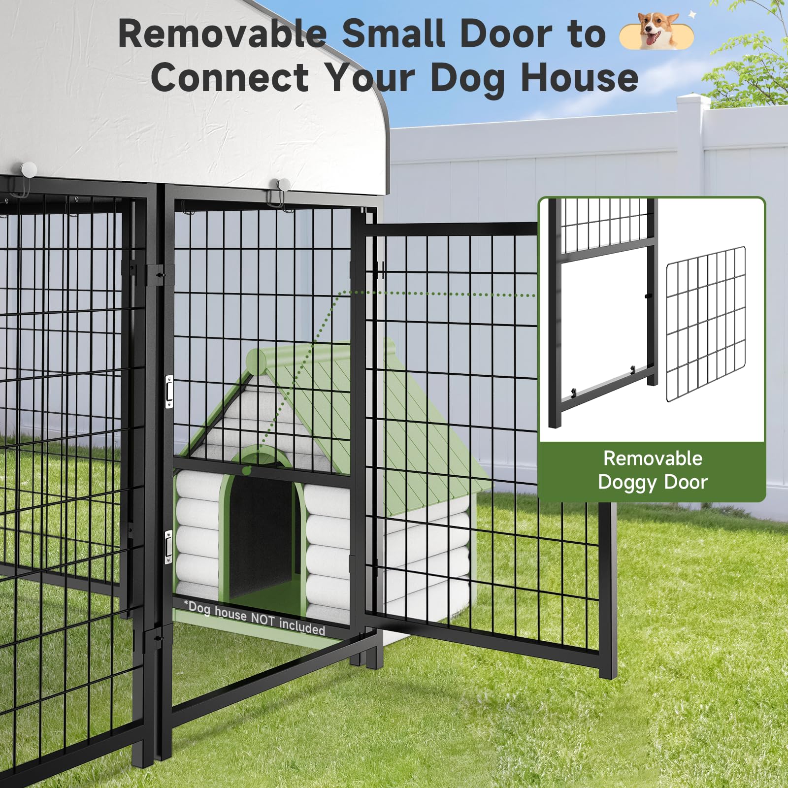 Guiferland Dog Kennel Pen Outside Outdoor Dog Run With Roof, Feeders/Removable Doggy Door Allow Connecting Your Dog House- Squar