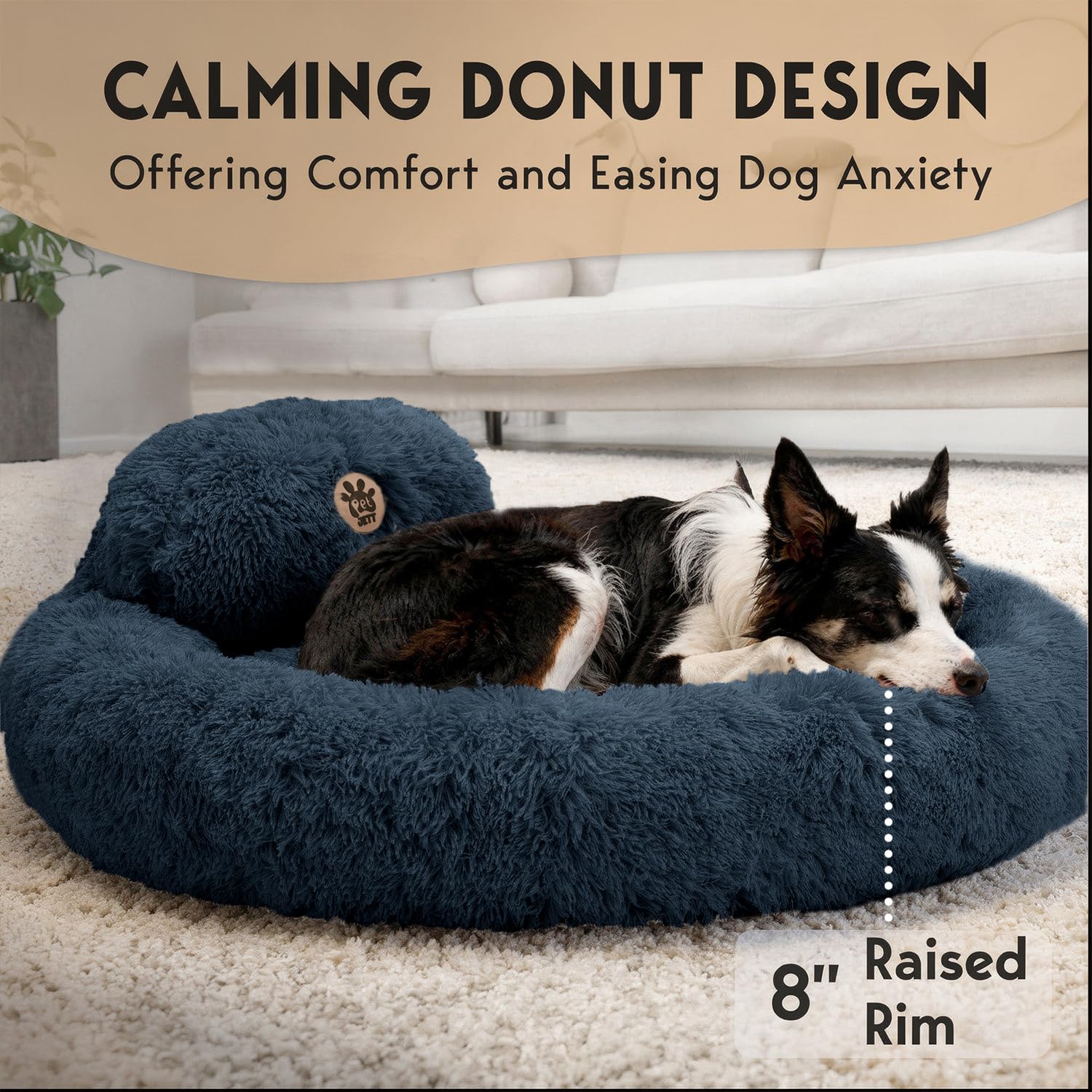 PetJett Calming Dog Beds Large Sized Dog - 36 Round Bed, Anti-Slip & Washable Super Soft Donut Bed, Fluffy Faux Fur Anti-Anxie