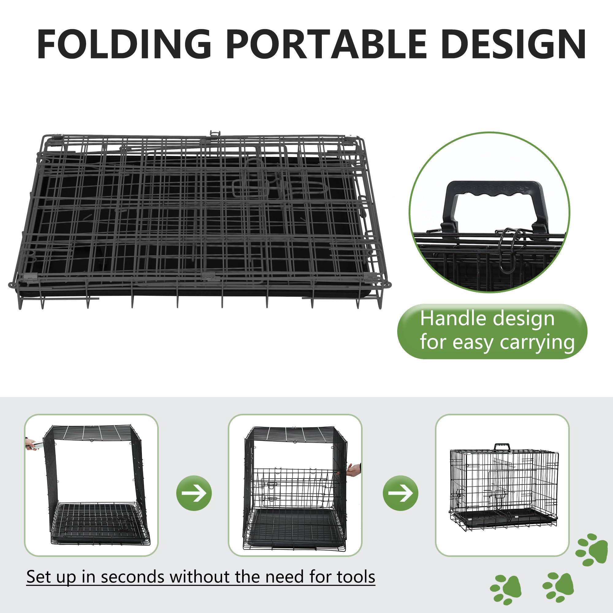 FDW 24-Inch Dog Crate Pet Cage with Metal Folding Design Plastic Tray Indoor Outdoor Dog Kennel Cage for Small Dogs,Dark Black