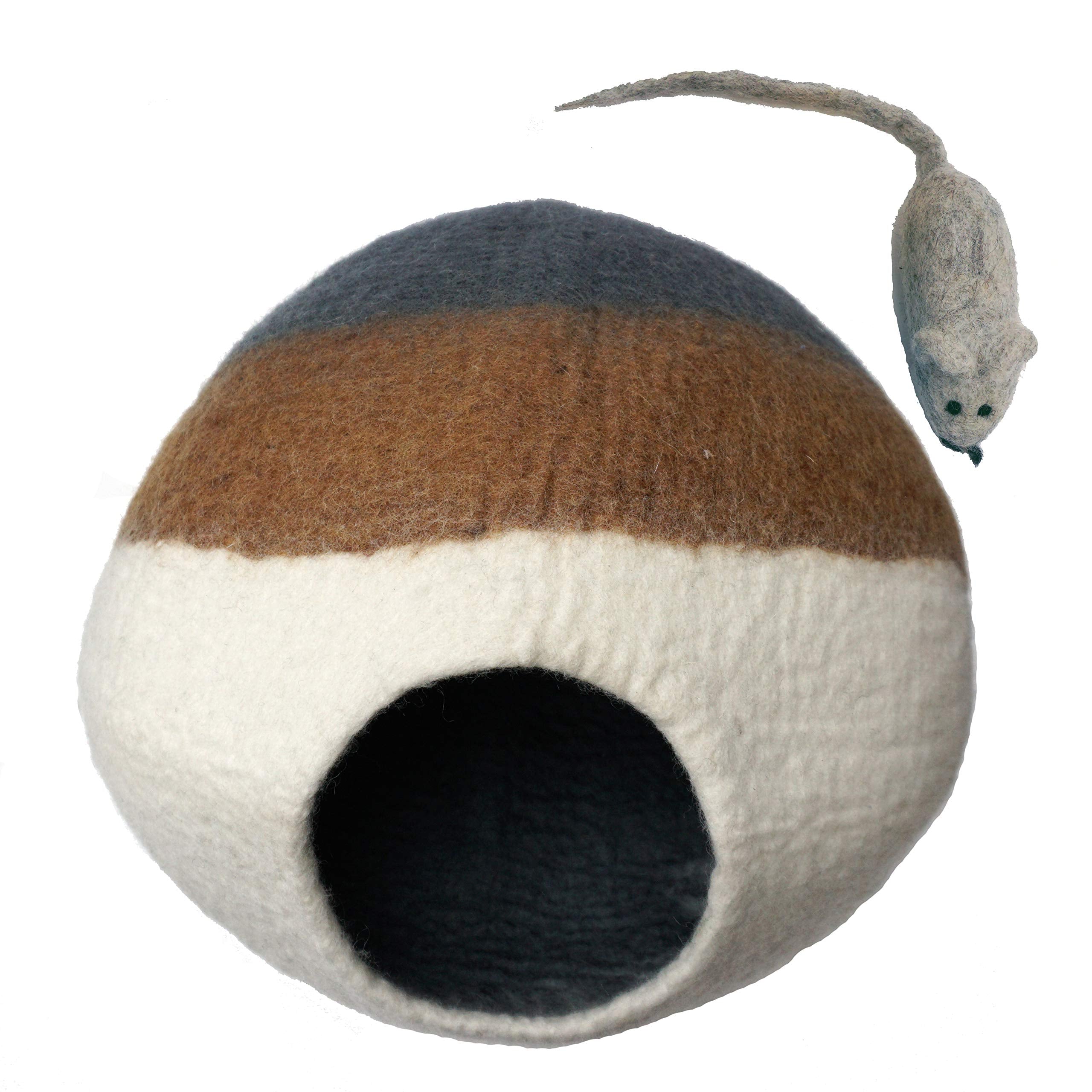 Mokoboho 100% Wool Felt Cat Cave Bed Handmade In Nepal With Free Mouse Toy Included (Gray/Tan/Cream)