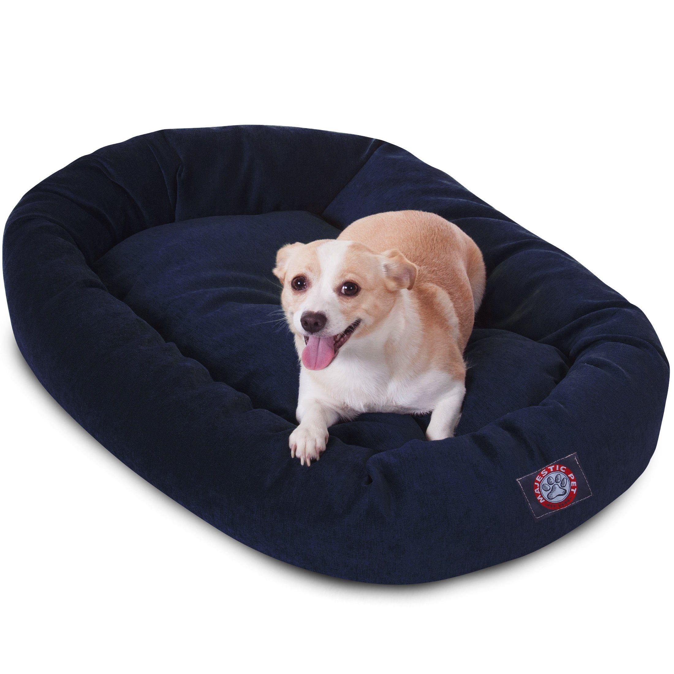 Majestic Pet 32 Inch Micro Velvet Calming Dog Bed Washable – Cozy Soft Round Dog Bed With Spine For Head Support - Fluffy Donut Dog Bed 32X23X7 (Inch) – Round Pet Bed Medium – Navy