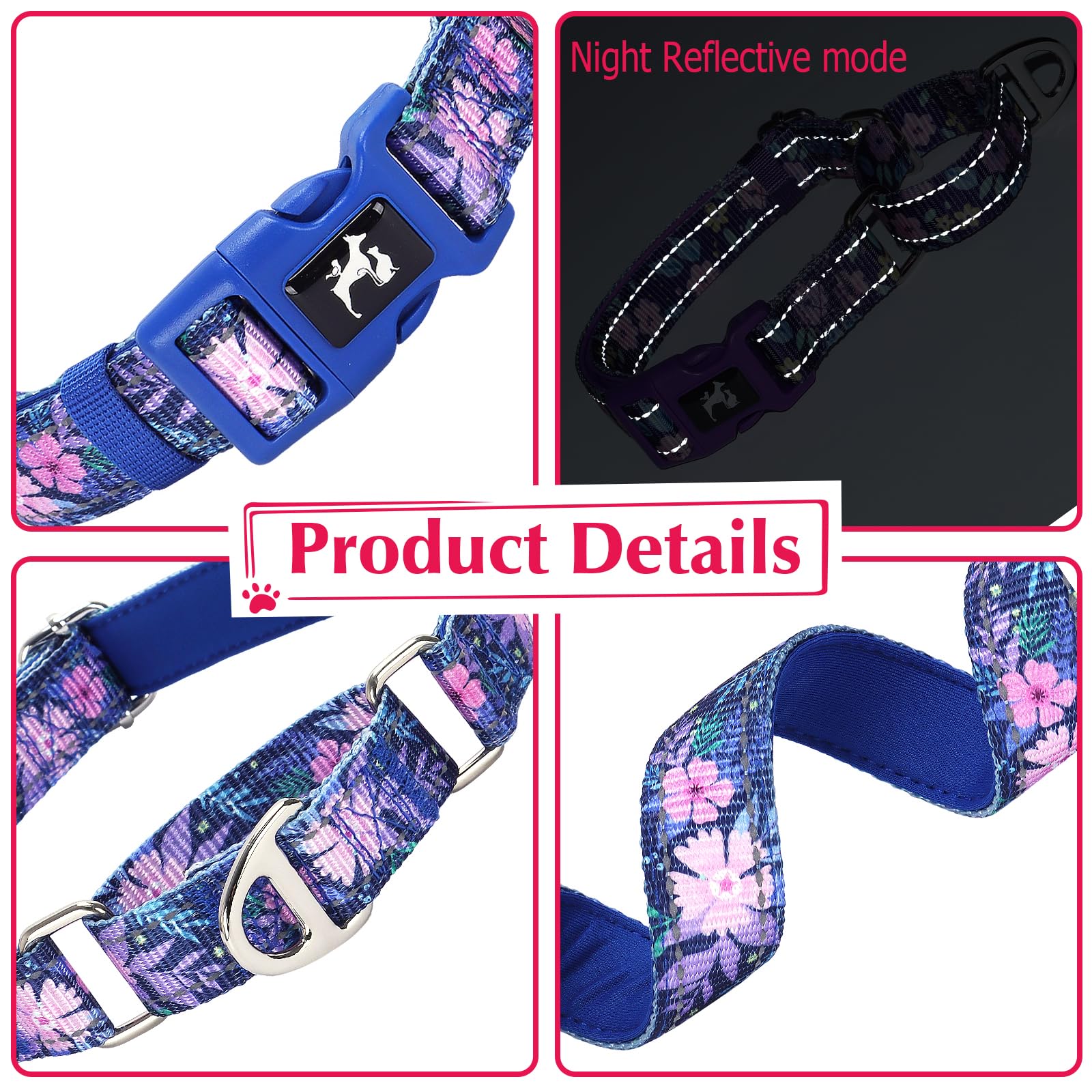 Martingale Collar For Dogs, Reflective Adjustable Soft Nylon Dog Collars With Boho Flower Patterns For Small Medium Large Dog (L
