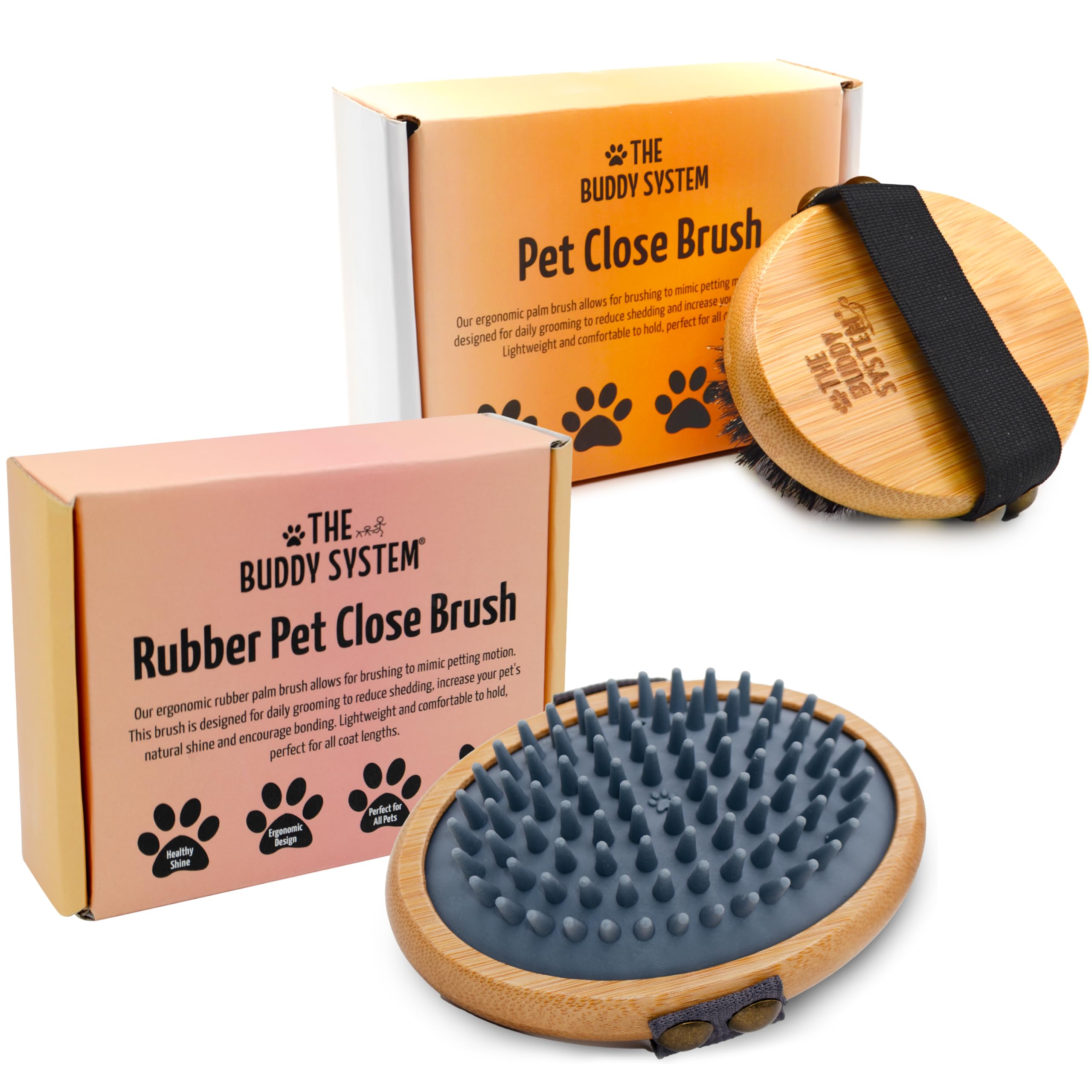 The Buddy System Pet Close Brush, Soft Touch Oval Palm Brush - Bamboo Massage Handheld With Soft Boar Bristles And Elastic Band 