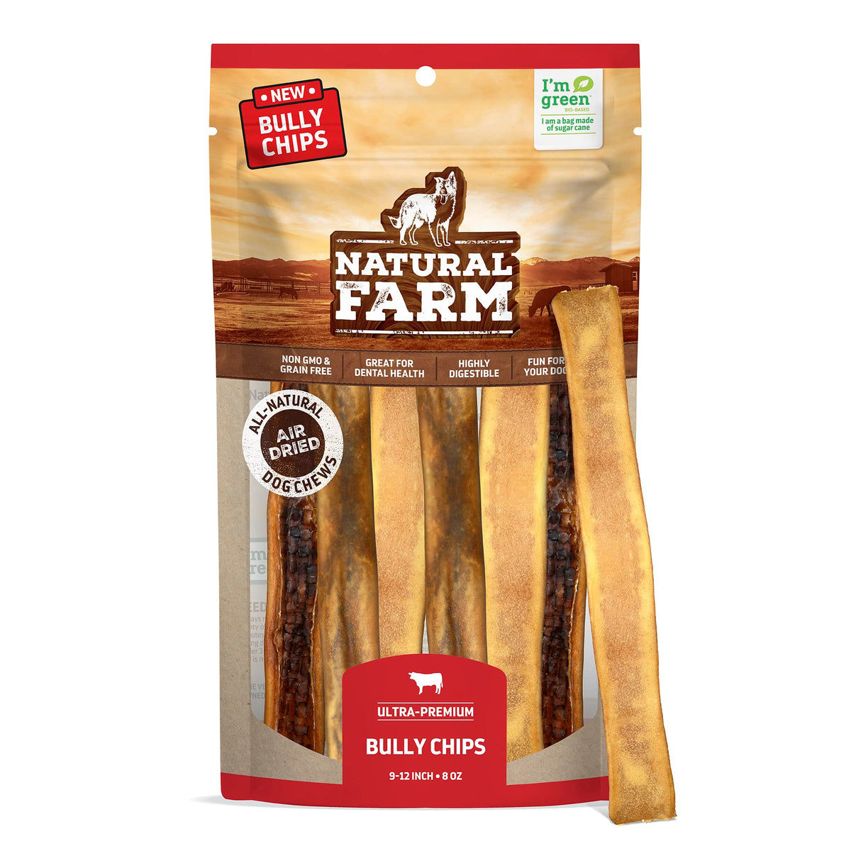 Natural Farm Bully Chips (9-12 Inch, 8 Oz.), Digestible Beef Cheek From Grass-Fed Cows, Non-Gmo, Grain-Free, Natural Long-Lasting Dog Chews For Small, Medium & Large Dogs, Great Rawhide Alternative