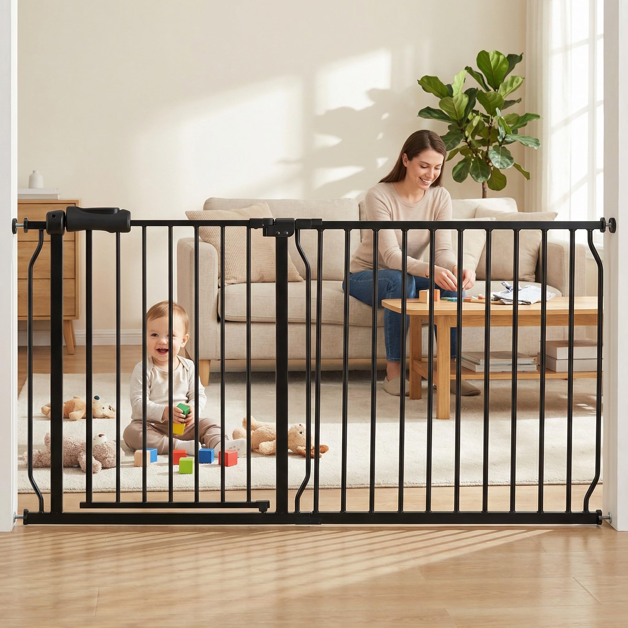 COSEND Extra Wide Baby Gate Extra Tall Tension Indoor Safety Gates Black Metal Large Pressure Mount Pet Gate Walk Through Safety