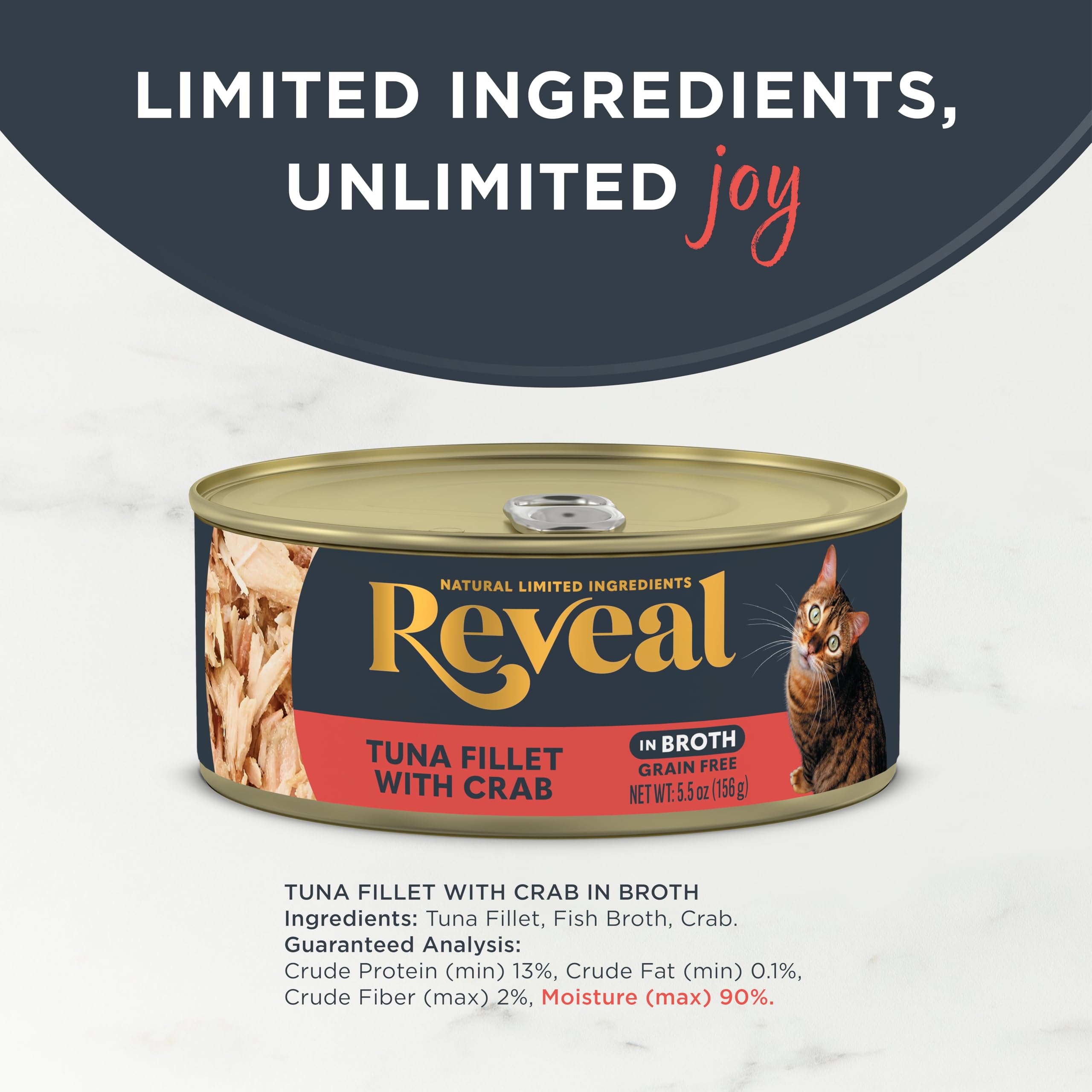 Reveal Natural Wet Cat Food, 12 Count, Grain Free, Limited Ingredient Canned Food for Cats, Tuna Fillet with Crab in Broth, 5.5
