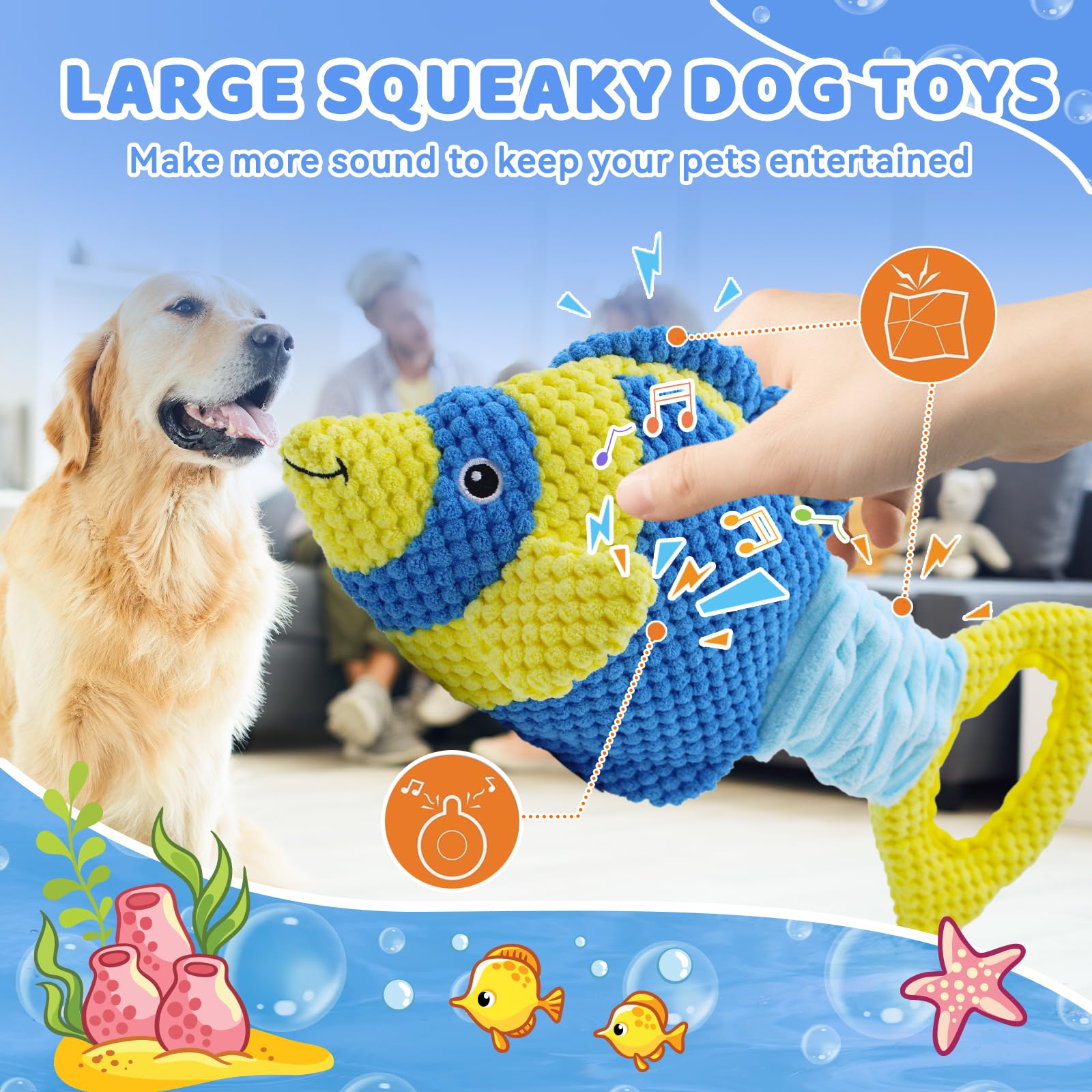 Yzhduxiu Tug Of War Dog Toy, Squeaky Dog Toys For Aggressive Chewers, Interactive Fish Puppy Toys With Crinkle Paper To Keep The