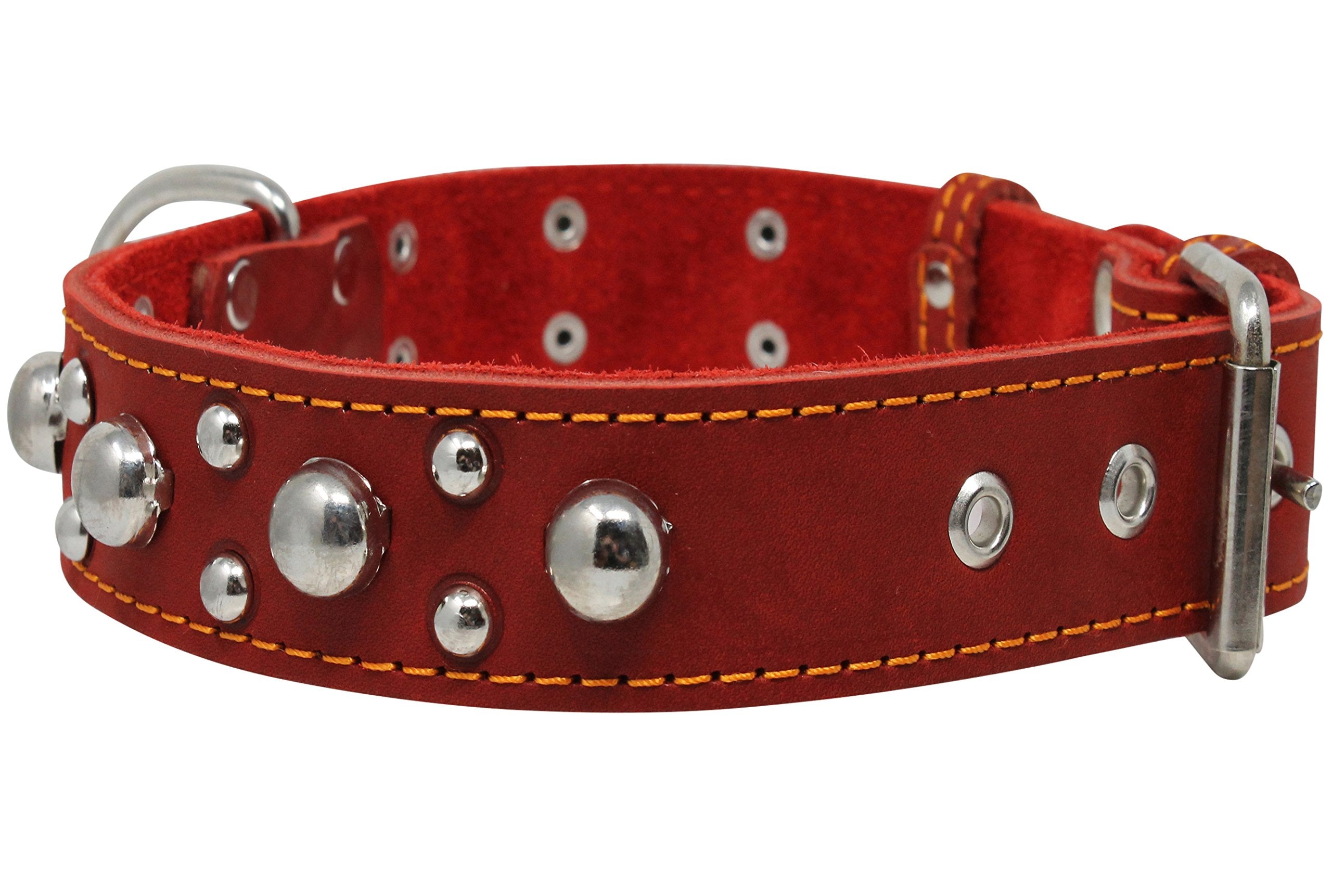 Red Real 1.5 Wide Thick Leather Studded Dog Collar. Fits 17-21.5 Neck, Large Breeds.